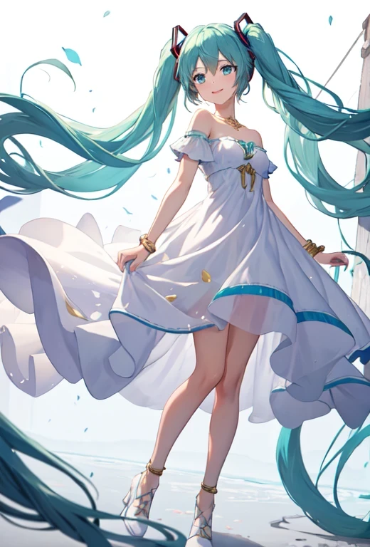 highest quality, masterpiece, High resolution, alone, (Hatsune_Miku_Blue Archive:1.10), One girl, White Dress, Exposing shoulders, smile, Strapless Dress, whole body, View Viewer, Green Hair, Floating Hair, Are standing, White knee socks, bracelet, Green Eyes, See-through dress, Mouth closed, Gold border, Ridiculously long hair, White background, White footwear