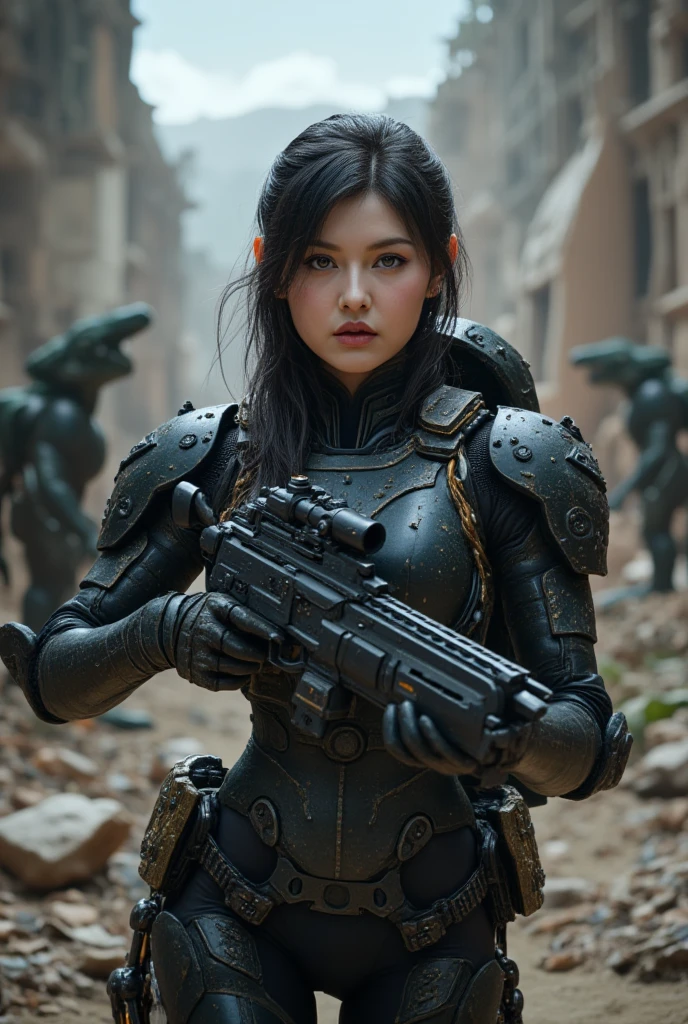 Create a chi of about 28 years, black hair, black eyes, tanned skin, muscular, delgado, dressed in a well-equipped black combat suit