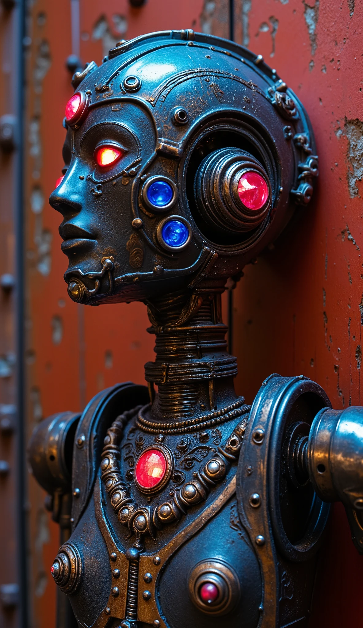 "A hyperrealistic steampunk robot with a complex metallic and wooden architectural design, glowing eyes, and intricate jewelry featuring a sapphire and ruby necklace. The robot is embedded into an antique wall with a rusty and dusty texture, blending seamlessly with its surroundings. Despite the aged and weathered look, every fine detail of the robot is clearly visible under the vibrant neon blue and red reflections, highlighting its intricate craftsmanship and design