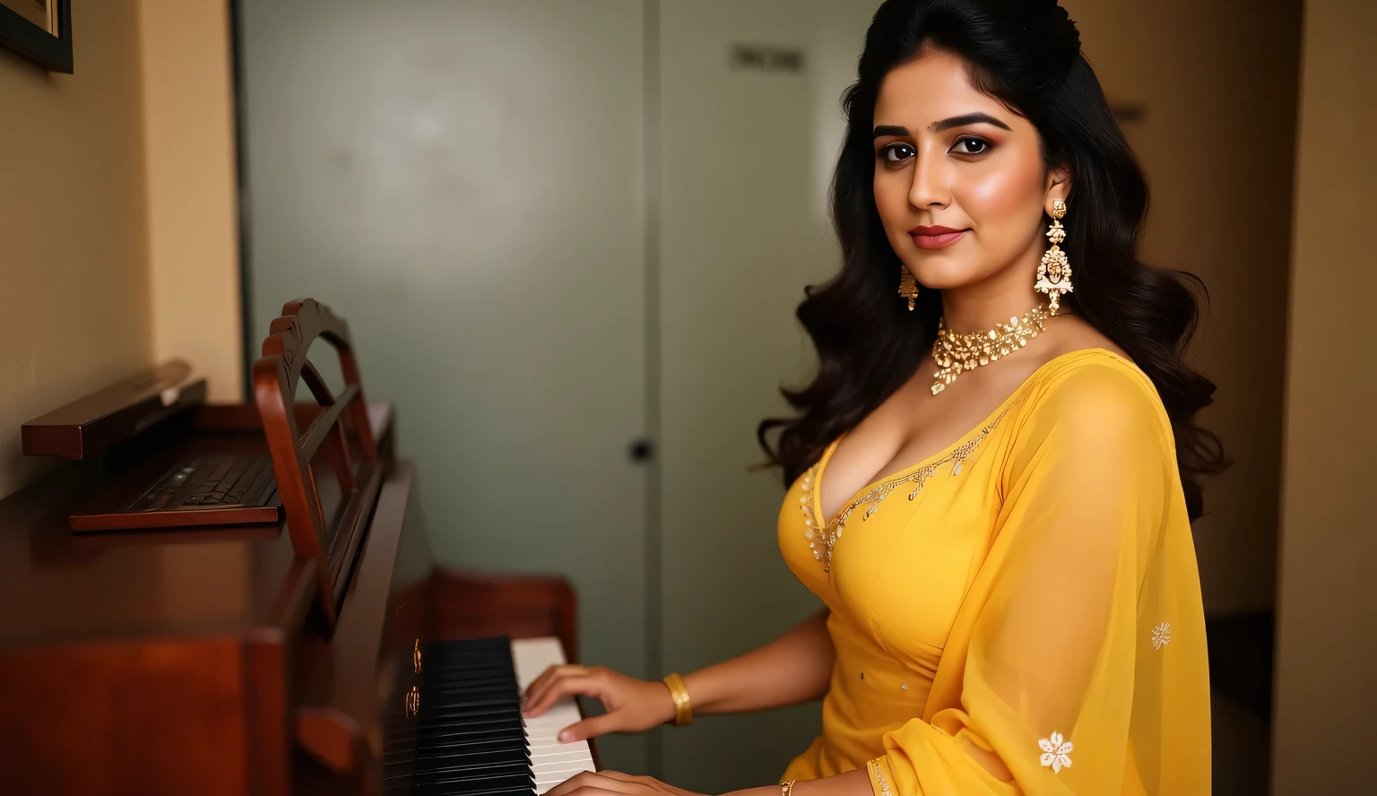 Indian beautiful woman sexy alluring face bhabhi playing piano, Mouth slightly open,Kajal in eyes, red sindoor on forehead, heavy mascara,Giving sexy look to viewer's,big long earrings,(( Wearing sleeveless bikini blouse)),Medium size mole on breast and armpits,Both hand's onpiano keys ,Sindoor Vermilion in hairs,middle parting ornament in hairs,Golden long necklace,Sleeveless bikini blouse,((Full body, curvy figure))((transparent dress)) Sahara desert, , spreading legs wide open, ((Indian milf, indian woman, milf)), (((ultra realistic))) Photo, masterpiece, top quality, (pale skin), (Ultra detailed face and eyes:1.2), 1 girl, Adult, ((in one size too small saree)), strapless saree blouse, ((very heavy eye makeup, pink mascara)), ((fake detailed lips)), ((shiny wavy hair)), ((Stylish hairstyle)) , (({Enormous|Gigantic|Big|Huge|Mega|Fake} pushed-up breasts)), (very slim waist). ((very huge cleavage)), photoshoot, (Soft) Lighting, (The play of light and shadows), depth of field, bokeh, (special attention to skin detail: 1.2), (special attention to enormous breast size: 1.2), (((special attention to extra tight clothing size: 1.2))), Detailed texture, skin pores, oily skin. (Erotic atmosphere of the frame.), UDR, ((Film grain)), ((rays)), (Glare), ((full body, sexy legs)) , ultra detialed, ((oily skin, oily body, shiny skin))(( standing, hands behind head, curvy figure, erotic poses, erotica, erotic smile, )) yellow saree ,