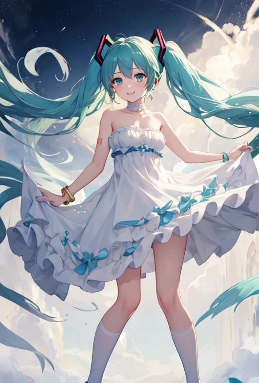 highest quality, masterpiece, High resolution, alone, (Hatsune_miku_Blue Archive:1.10), One girl, White Dress, Exposing shoulders, smile, Strapless Dress, whole body, View Viewer, Green Hair, Floating Hair, Are standing, White knee socks, bracelet, Green Eyes, See-through dress, Mouth closed, Gold border, Ridiculously long hair, White background, White footwear 、 low angle、 the white panties are in full view 、