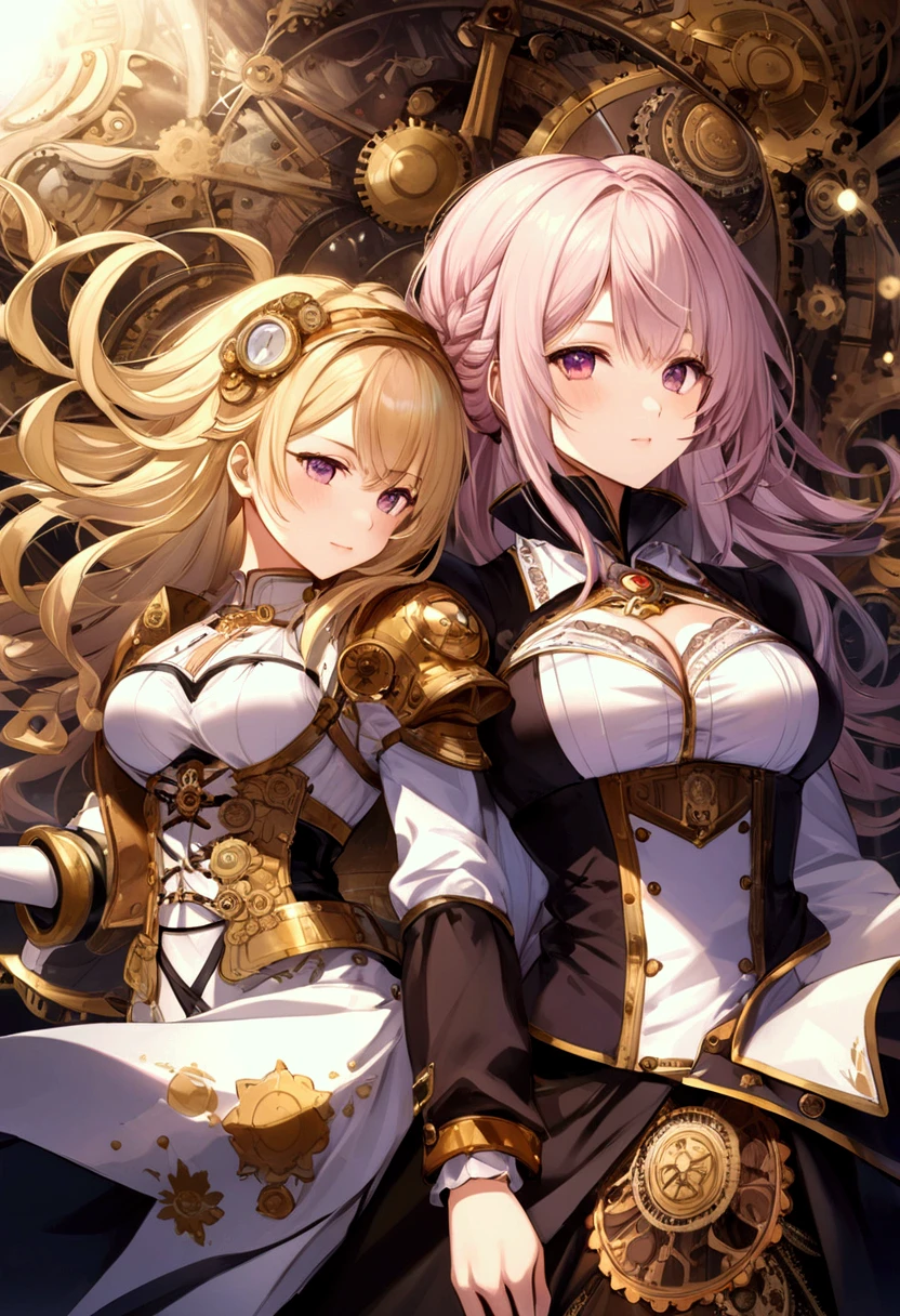Heavy Armor,Tech Armor,(White Armor),(The exquisite and gorgeous golden pattern on the armor),Steampunk elements,Royal sister,Big sister big,Mature,Big breasts,Pink gradient white hair,(Complex and exquisite steampunk background),masterpiece,Strong light and shadow,Beautiful details,View from the top,(zentangle,mandala,tangle,winding),(vine: 1.2)Official Art,Unite