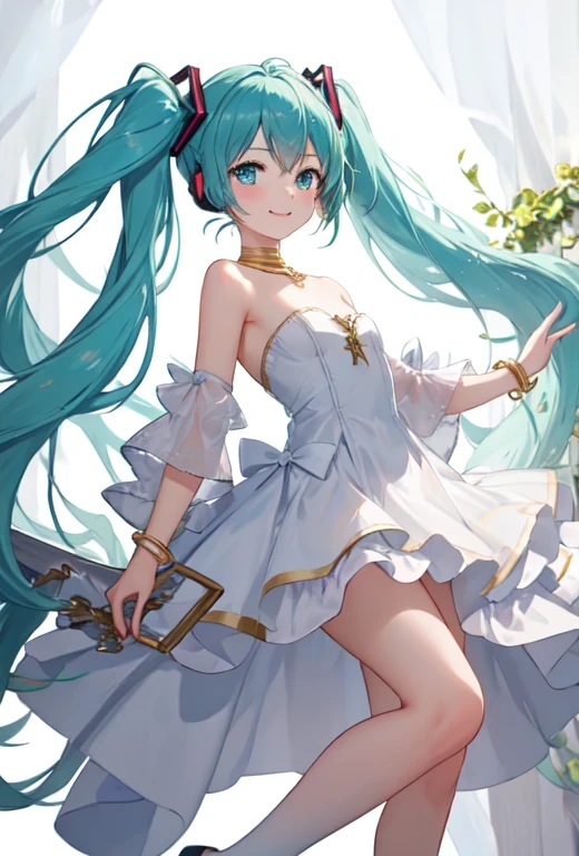 highest quality, masterpiece, High resolution, alone, (Hatsune_miku_Blue Archive:1.10), One girl, White Dress, Exposing shoulders, smile, Strapless Dress, whole body, View Viewer, Green Hair, Floating Hair, Are standing, White knee socks, bracelet, Green Eyes, See-through dress, Mouth closed, Gold border, Ridiculously long hair, White background, White footwear 、 low angle、 the white panties are in full view 、