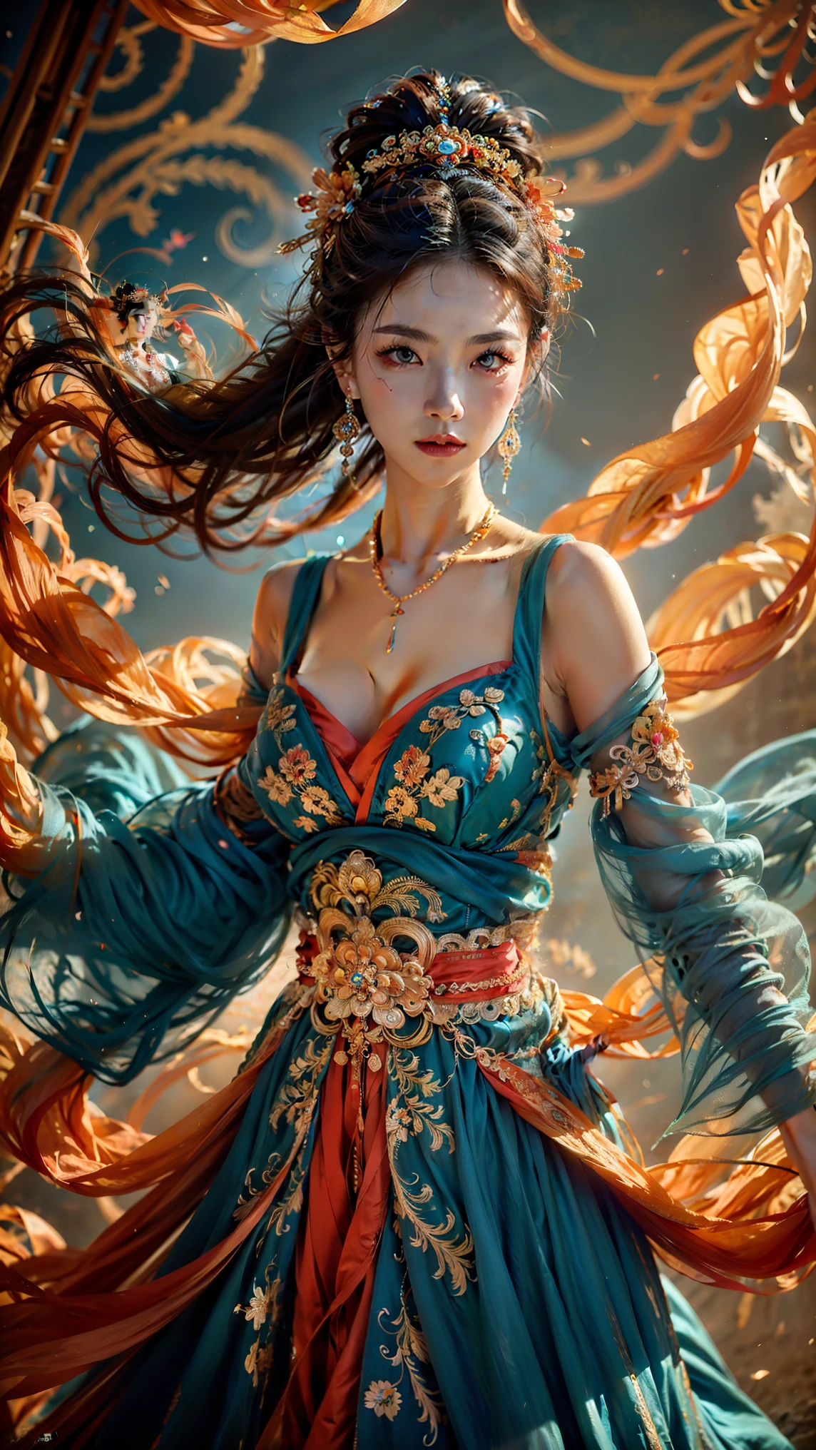 1girl,dunhuang,
masterpiece,best quality,32k uhd,hdr,dtm,cinematic lighting effects,wide shot,wide-angle lens,super vista,super wide angle,exquisite facial features,super delicate face,best fingers,