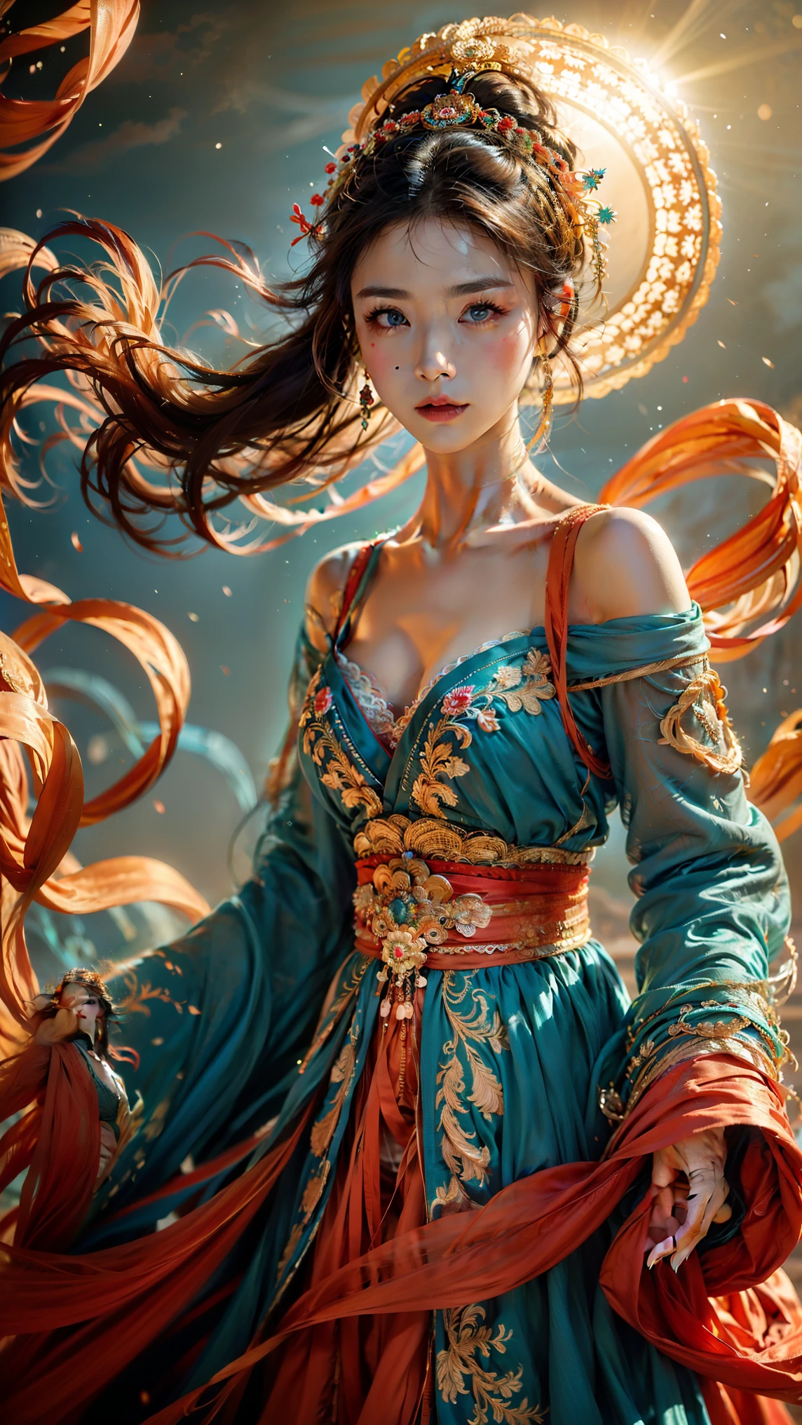 1girl,dunhuang,
masterpiece,best quality,32k uhd,hdr,dtm,cinematic lighting effects,wide shot,wide-angle lens,super vista,super wide angle,exquisite facial features,super delicate face,best fingers,