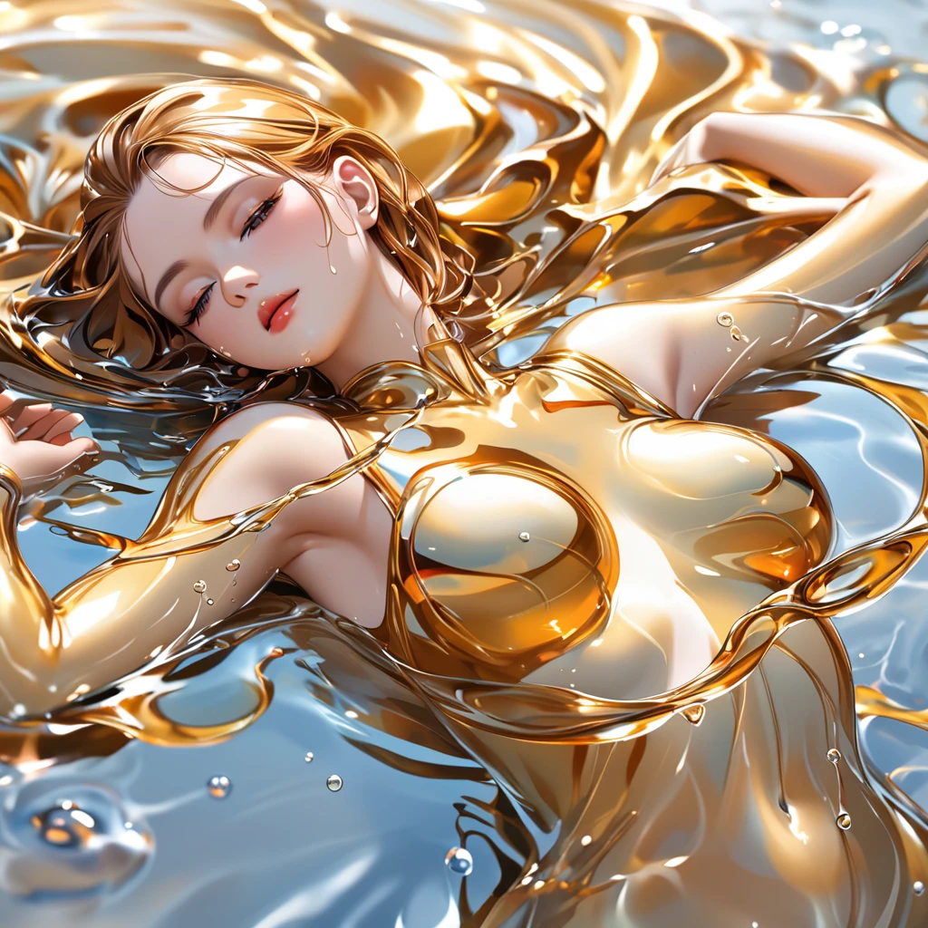 (masterpiece, best quality, official art, beautiful and aesthetic),1 girl stands in black and gold fluid,half naked,looks at viewer,black and gold thick liquid,floating blond long (wet hair),asphalt drops,precise facial structure,Gradient white fluid,organic feel,viscous,shiny gel,bubbles,