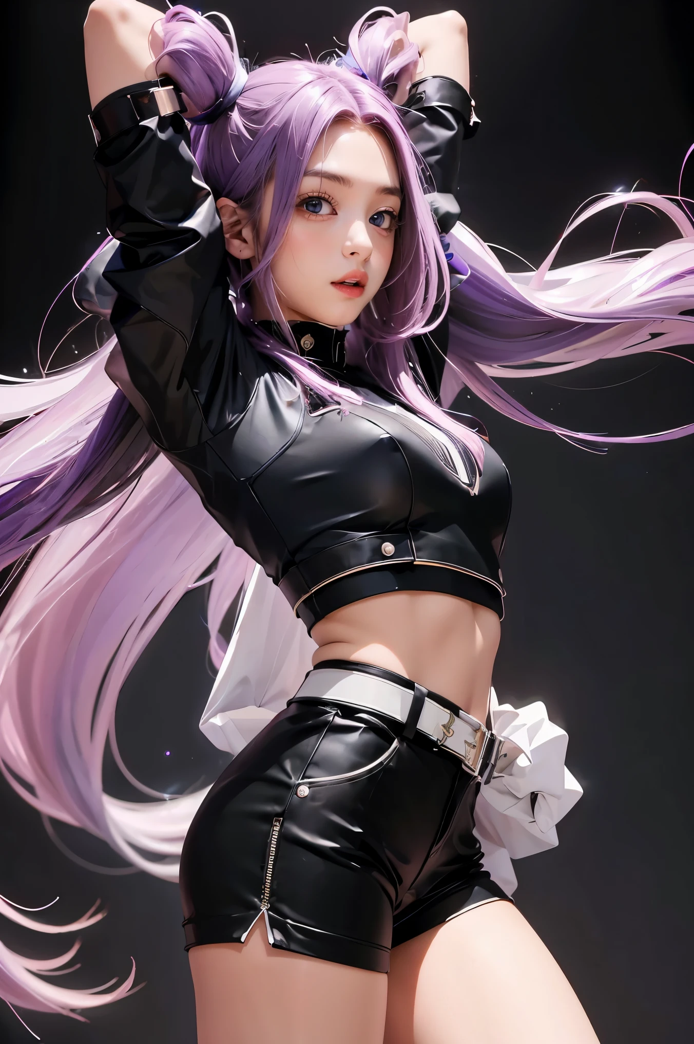 ,Best Quality, Ultra High Resolution, Cute, (KPOP Idol), (Long Twintail), (Light Purple Hair:1), ((Big Eyes)), Looking at you, BREAK ((upper body:1.3)), Front View,A character with long, flowing silver hair and a slender build, wearing a black and white outfit that includes thigh-high boots and gloves. The character is in a dynamic pose surrounded by ethereal purple crystals and energy, The character is in a dynamic pose surrounded by ethereal purple crystals and energy,A character with long, flowing purple hair, wearing a metallic top and black shorts with thigh-high boots. The outfit includes straps and belts, giving it a futuristic or fantasy style. The character is in a dynamic pose with radiant light or energy surrounding them, set against a minimalistic abstract background,