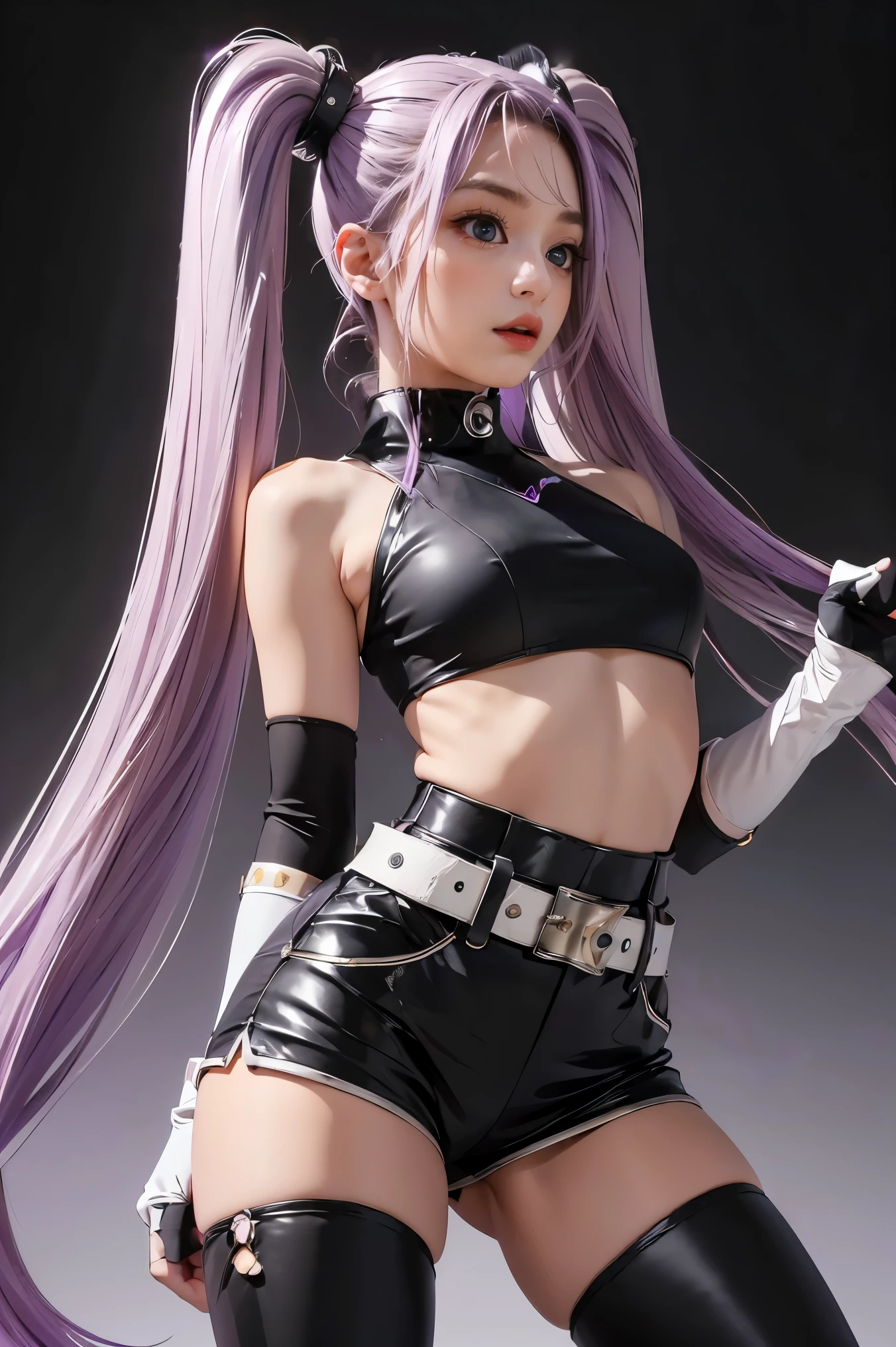 ,Best Quality, Ultra High Resolution, Cute, (KPOP Idol), (Long Twintail), (Light Purple Hair:1), ((Big Eyes)), Looking at you, BREAK ((upper body:1.3)), Front View,A character with long, flowing silver hair and a slender build, wearing a black and white outfit that includes thigh-high boots and gloves. The character is in a dynamic pose surrounded by ethereal purple crystals and energy, The character is in a dynamic pose surrounded by ethereal purple crystals and energy,A character with long, flowing purple hair, wearing a metallic top and black shorts with thigh-high boots. The outfit includes straps and belts, giving it a futuristic or fantasy style. The character is in a dynamic pose with radiant light or energy surrounding them, set against a minimalistic abstract background,