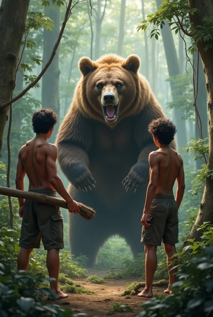 Imagine a scene deep in the heart of a lush, verdant forest. A young boy, dressed in simple clothes, comes face to face with a massive, majestic bear. The bear is standing on its hind legs, showing its full size, but its eyes are gentle, not threatening. The boy, though small in comparison, shows no fear, only curiosity and awe. The scene is bathed in the soft, dappled light filtering through the dense canopy above. The colors are rich and natural, with the deep greens of the forest contrasting with the brown of the bear and the boy's clothing. The camera used should be a Nikon D850 DSLR with a 24-70mm f/2.8 lens, capturing the scene in ultra-high resolution, with a focus on the intricate details of the bear's fur and the boy's expressive face. The shot should be taken from a low angle, emphasizing the size difference between the boy and the bear, but also their unexpected connection. --ar 16:9 --v 5.1 --style raw --q 2 --s 750