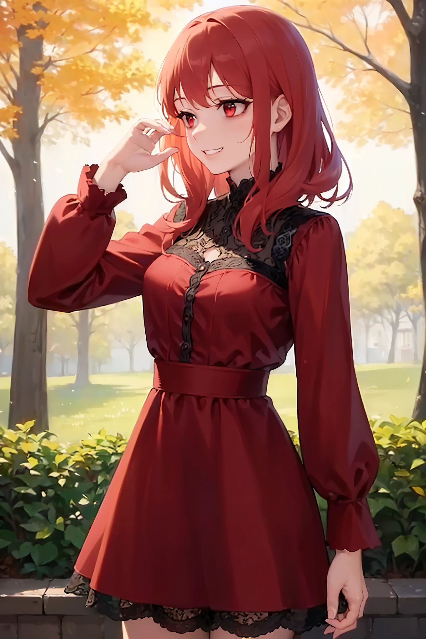 (looking away:1.5), side angle, masterpiece, best quality, detailed, Masterpiece, Great detailed pictures, cowboy shot, hand on owwn face, (pale skin: 1.2), shiny skin, shiny hair, (25-year-old woman) and (medium hair) and (red hair) and (red eyes), (white) and (long sleeve lace fabric dress) , (grin:1.3), The background is a sunny park, alone, standing.
