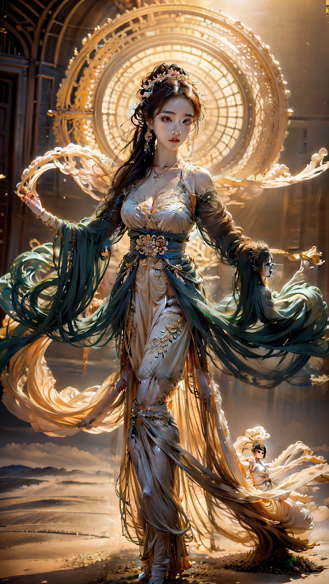 1girl,dunhuang,
masterpiece,full body,best quality,32k uhd,hdr,dtm,cinematic lighting effects,wide shot,wide-angle lens,super vista,super wide angle,exquisite facial features,super delicate face,best fingers,