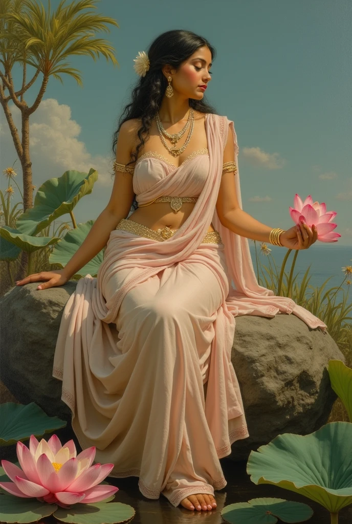 a woman wearing sharee, leaning slightly on the railing of the open balcony and looking outside, open black hair, hair flowing with air, side view, some green small trees