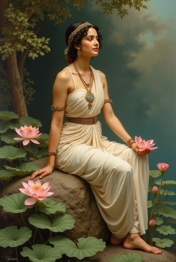 a woman wearing sharee, leaning slightly on the railing of the open balcony and looking outside, open black hair, hair flowing with air, side view, some green small trees