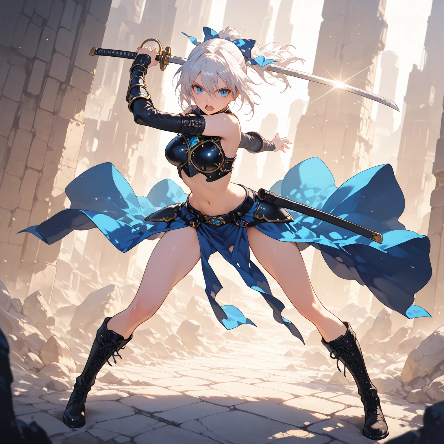 Anime Moe Art Style,Highest quality,High resolution,Anatomically correct,Mid-teens,Light blue hair ponytail,Super detailed,Big Breasts,Shiny skin,Beautiful Skin,A rich expression,Serious expression,shout,cave,Sleeveless jacket,mini skirt,Wielding a dagger,Fight monsters,necklace,bracelet,hair ornaments,Eyes drawn in detail,8k