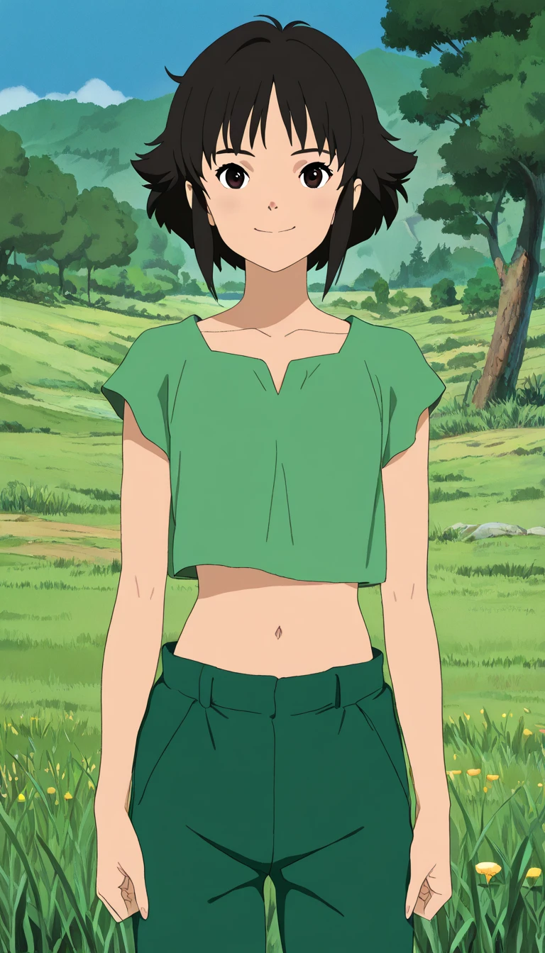 (1girl, Buttercup), (extremely detailed CG unit 8k wallpaper),(master part), (best quality), (ultra detail), (best illustration),(ghibli_style), cowboy shot, standing, facing viewer, looking at viewer, perfect face, perfect eyes, perfect fingers, petite, (Sharp eyeliner, ombre, detailed eyes:1), ghibli landscapes, scenery, outdoors, tree, grass, traditional media, blue sky, cottage, break , upper body, solo, smile, (black hair, short hair, navel, midriff, green shirt, green pants)