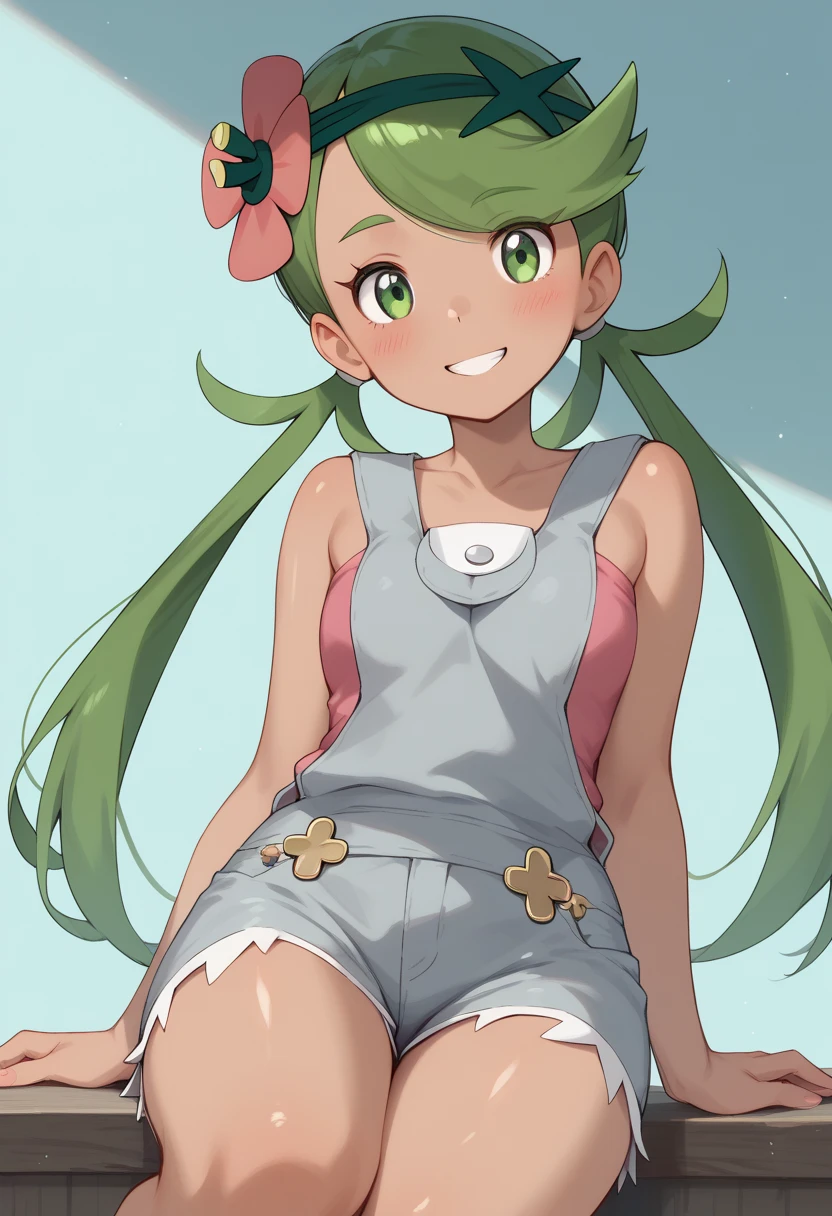 (Masterpiece), Best Quality, ultra-detailed, 1girl(zodiac_mallow , lovely small breasts, dark skin , green hair, long hair, twintails, headband, pink flower in hair, green eyes, half-closed eyes), a playful face , wicked smile, open mouth, solo,   head tilt, look to the side, denim overalls, backpack  , outdoor, forest, , on the  rock,  straddle, sitting on rock, spread legs 