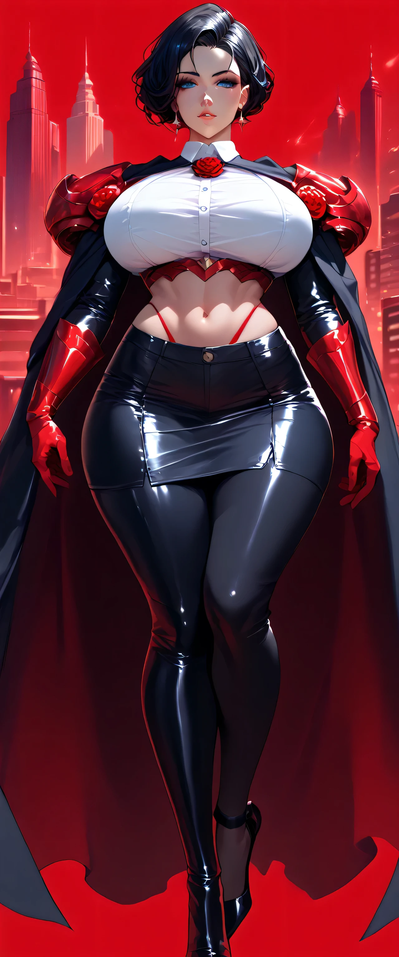 ((super high quality,Ultra-high resolution,4K,8k,super masterpiece,Ultra HD))Dimly lit room,Full body photo,((A sexy mature woman,)),((Red collared shirt,(Sleeves folded back to the elbow,Black long gloves),Black pants with a glossy finish,Black long boots),A tight collar that was raised,)Black hair straight short,Sharp Eyes,Open chest,Cleavage,slouch,Place one hand on hip,Provocative smile,Necklace with a cross,sexy,