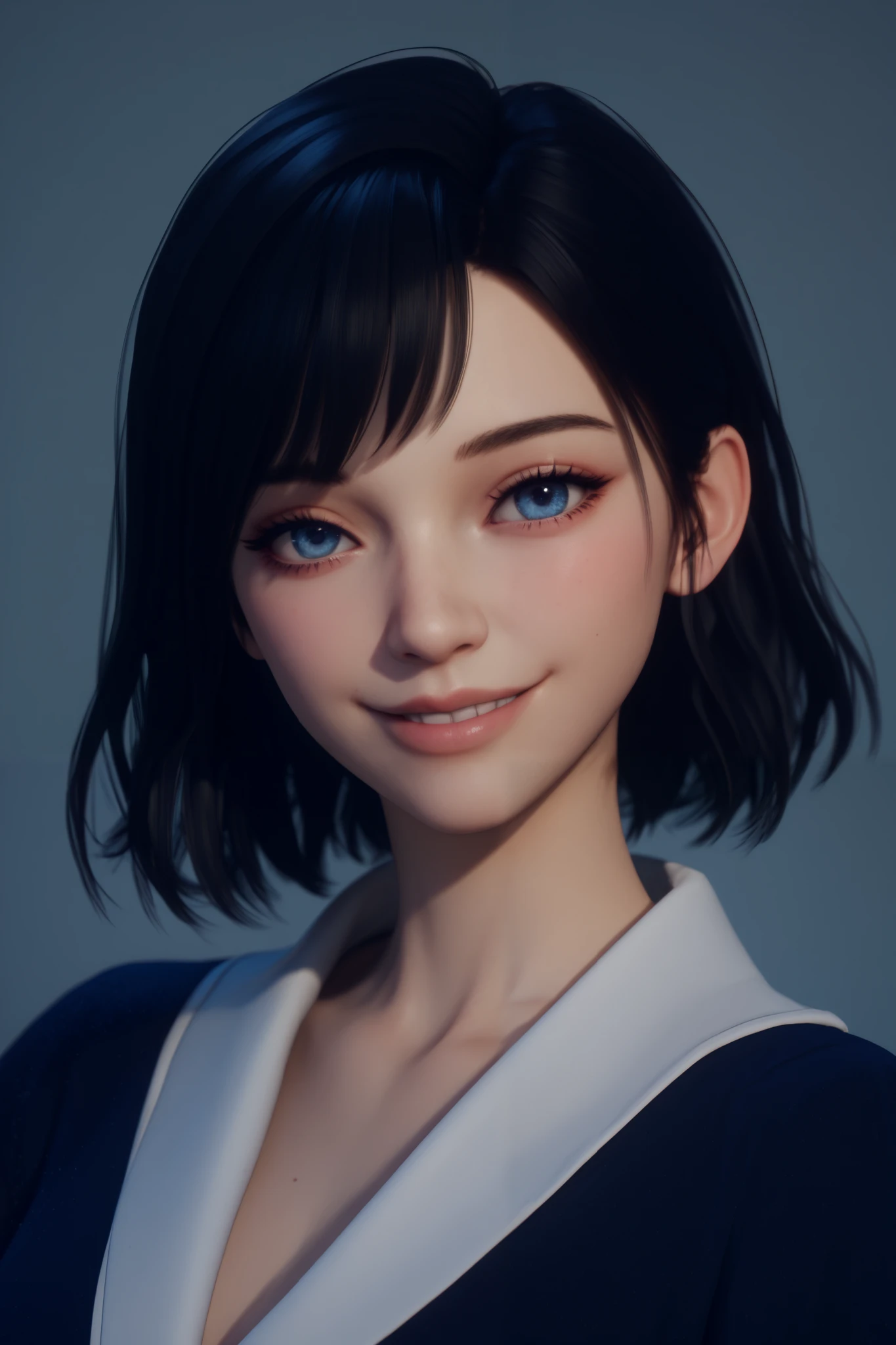 beautiful woman, black hair, blue eyes, anime 3d, smiling face view, gentle

