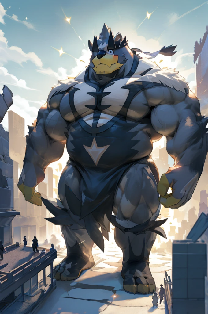 ultra realistic male suggestive content, muscular , bodybuilder body , the wind moves his clothes revealing his full pubic hair man with nothing completely naked hard cock with a perverted smile macro, giants in the middle of a city, Bigger than a city, his body rises to the sky, very high