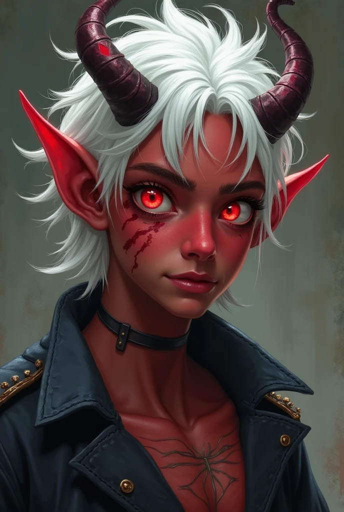 Anime zombie undead girl, slitched face, scars an face, black sclera, shark teeth, glowing eyes, smug face, vile, pale green-ish decayed skin, black tank top, eletric colar, street smart