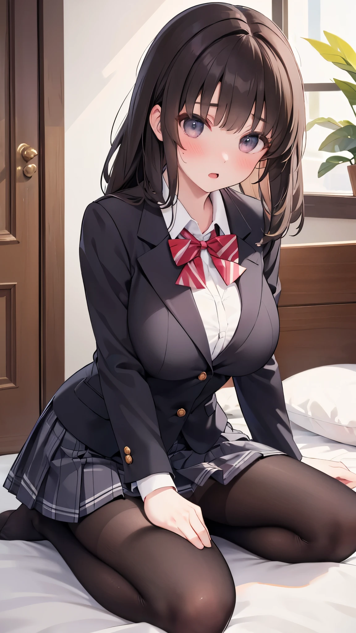 masterpiece, best quality, (one boy and one girl are having sex:1.2), home, on bed, high school student, (plump:1.2), short height, medium length hair, (ahoge:1.0), (brown hair:1.2), brown eyes, hairs between eyes, collared shirt, blazer, pleated skirt, , bow, black thighhighs, (saliva:1.4), (pussy juice:1.5), (sweat:1.2),