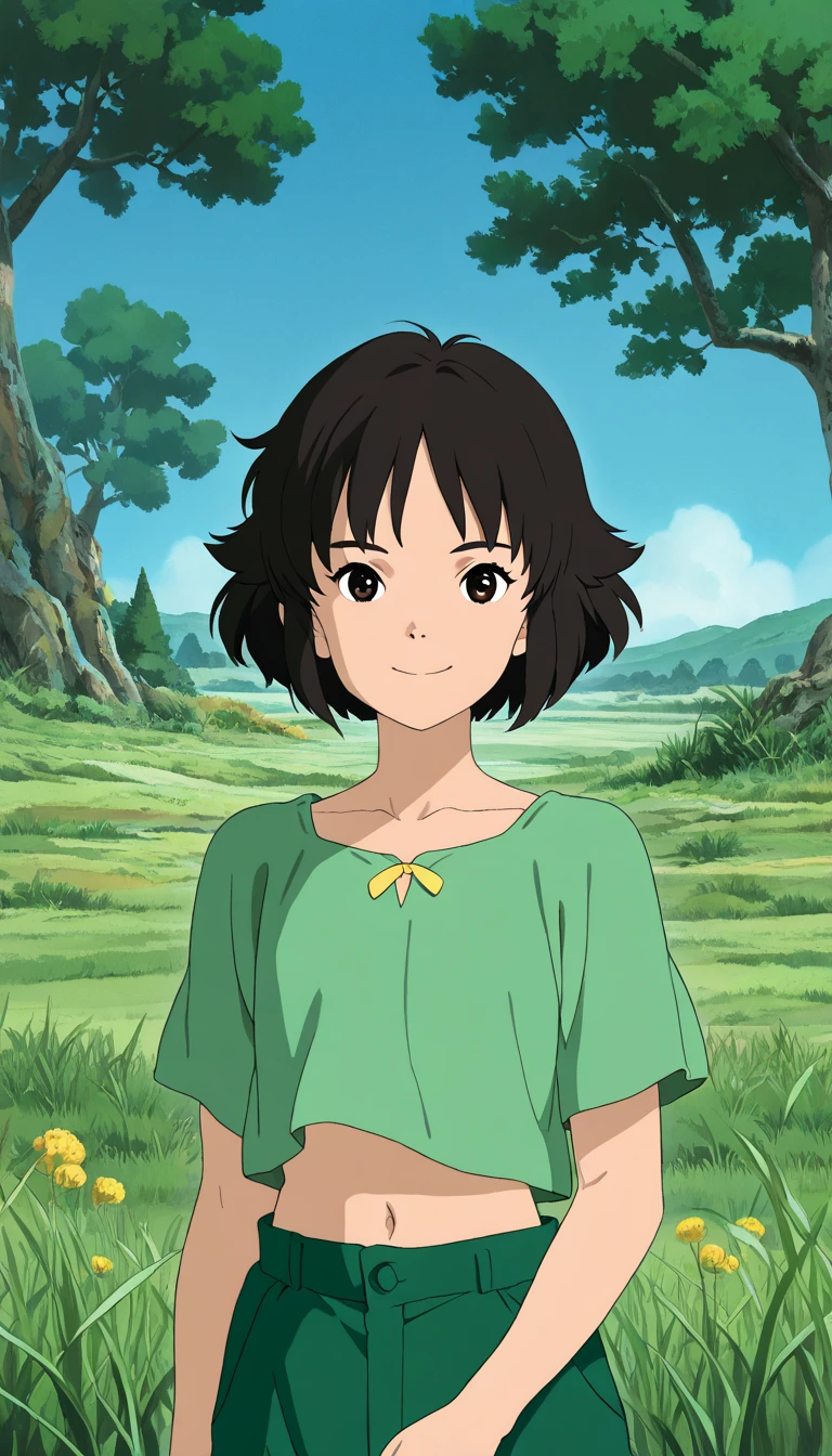 (1girl, Buttercup), (extremely detailed CG unit 8k wallpaper),(master part), (best quality), (ultra detail), (best illustration),(ghibli_style), cowboy shot, standing, facing viewer, looking at viewer, perfect face, perfect eyes, perfect fingers, petite, (Sharp eyeliner, ombre, detailed eyes:1), ghibli landscapes, scenery, outdoors, tree, grass, traditional media, blue sky, cottage, break , upper body, solo, smile, (black hair, short hair, navel, midriff, green shirt, green pants)