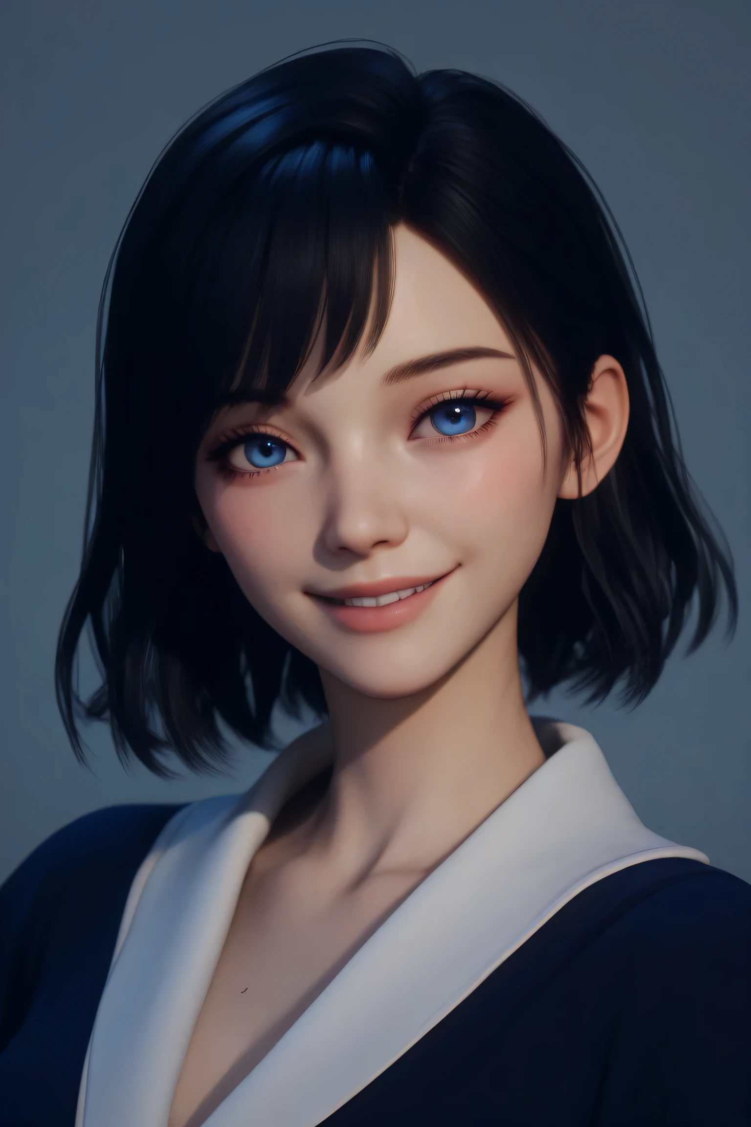 beautiful woman, black hair, blue eyes, anime 3d, smiling face view, gentle