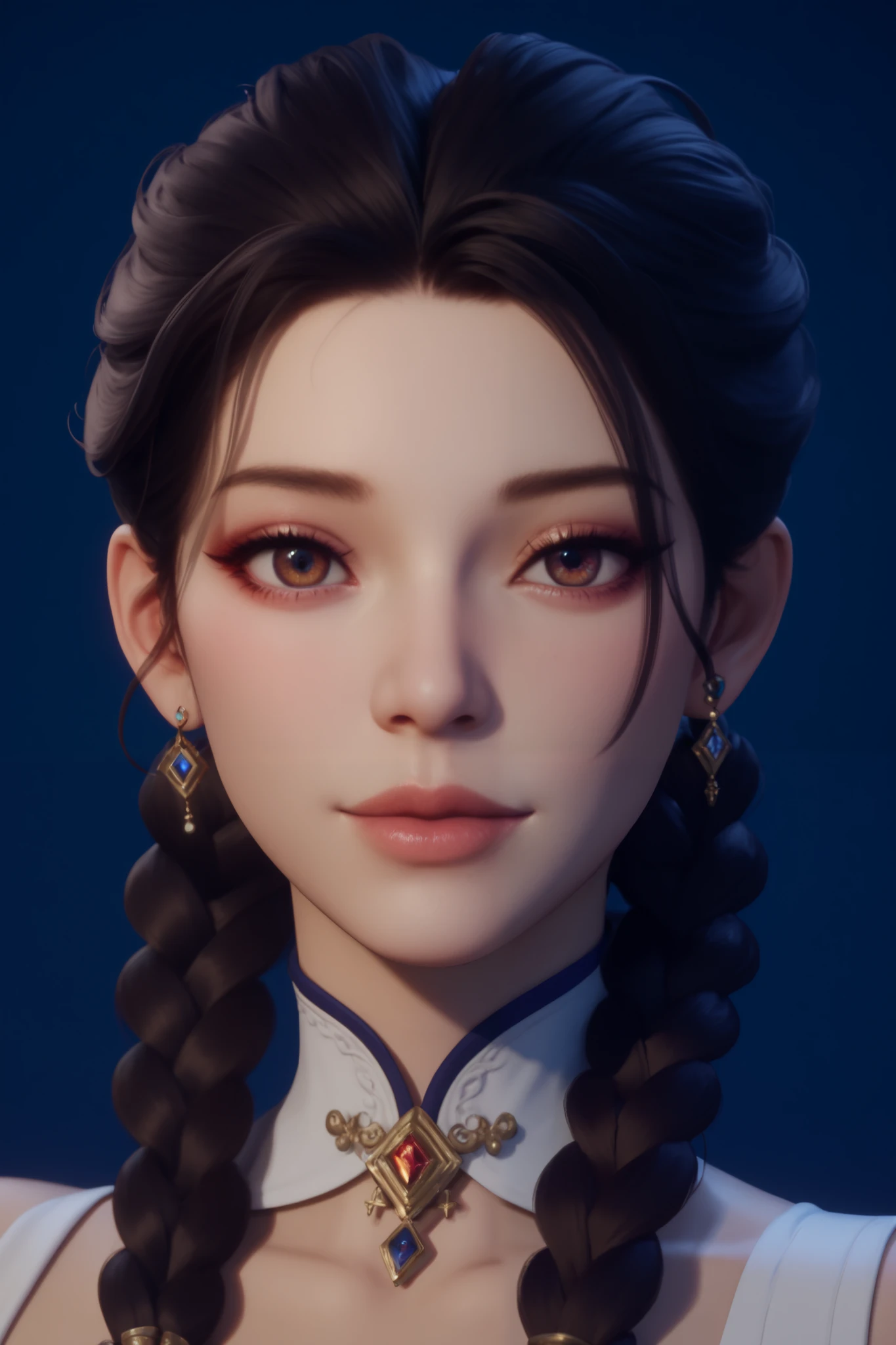 Create a detailed portrait of a beautiful Asian woman in a fantasy setting. Focus on a close-up of her face, emphasizing her elegant, stylized 3D anime-inspired features. Her hair should be intricately designed with flowing strands, braids, and fantasy-inspired ornaments. The background should be soft and magical, incorporating glowing orbs and an ethereal atmosphere to enhance the fantasy feel