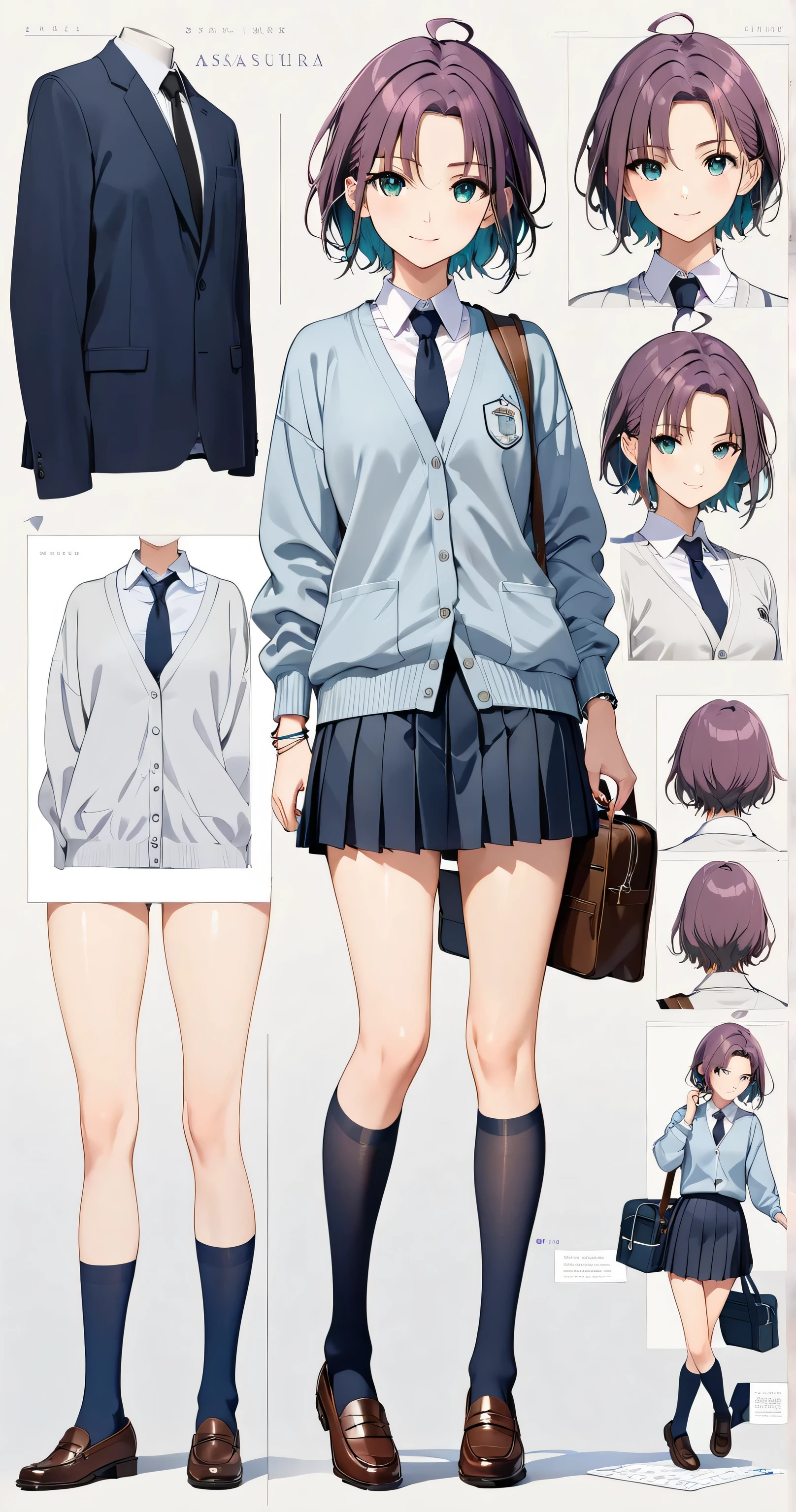 This portrait is drawn in a with full body and front view.
She has a well-balanced body with 8 heads.
She is beautiful.
t_asakura,
aqua eyes, school bag, bracelet,
light purple hair, neat short hair, ahoge, Shiny Hair, multicolored hair, parted bangs, light smile, looking at viewer,
a beautiful girl, school uniform, (soft light-gray blazer), (soft light-gray school skirt), over a (light blue cardigan), (white dress shirt), (simple black tie) loosely tied. (Navy blue calf socks), loafers,
((masterpiece)),(((Highest quality))),((Character design sheet)),Thin thighs,Long legs, The best smile:1.5,Full Body Shot:1.5,masterpiece, Highest quality, One Girl,