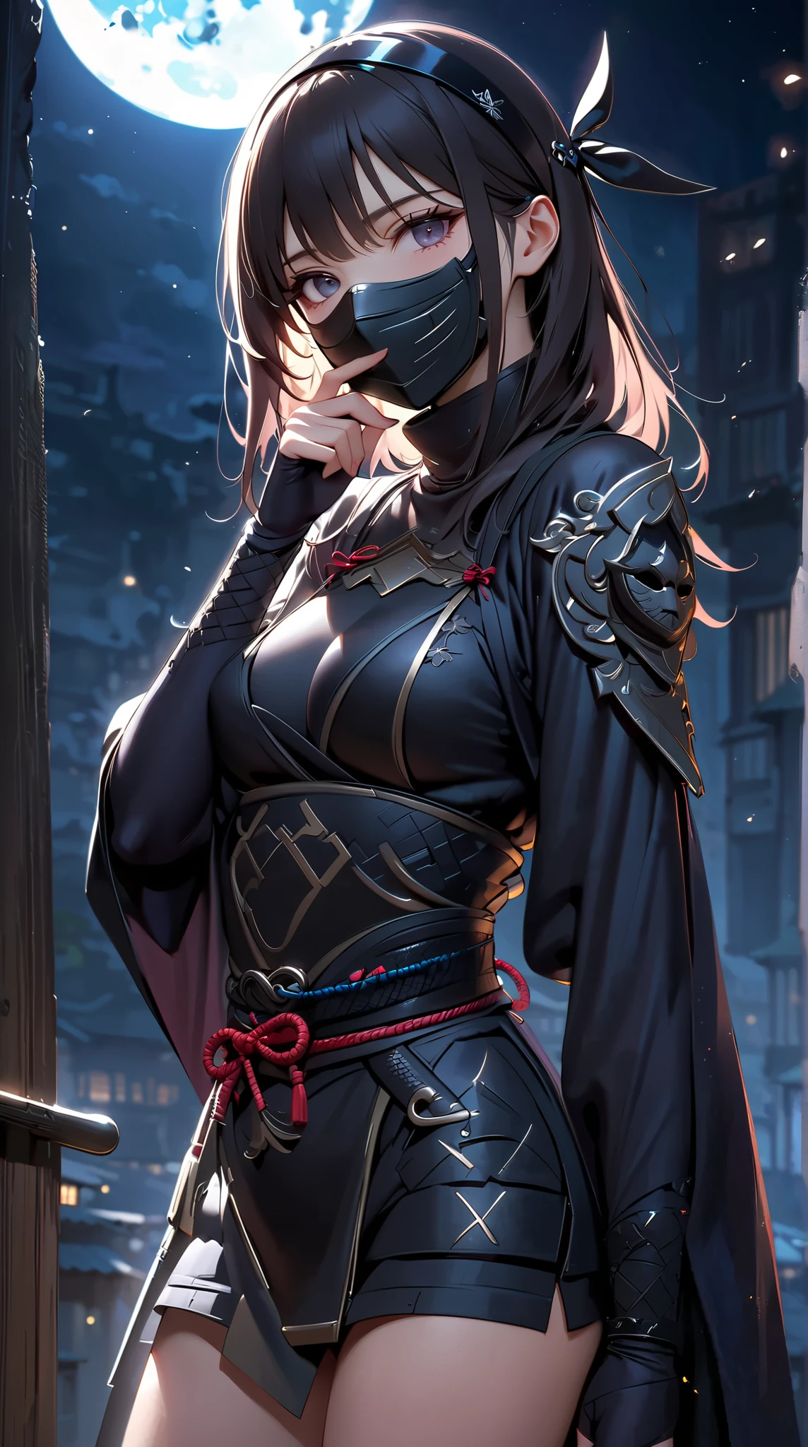 (masterpiece:1.2),(best quality:1.2),(masterpiece, best quality, ultra-high resolution), (1girl), tight black ninja outfit with samurai armor details on shoulders and forearms, mask covering the lower half of his face, jet black hair pulled back in a high ponytail, sharp, dark eye