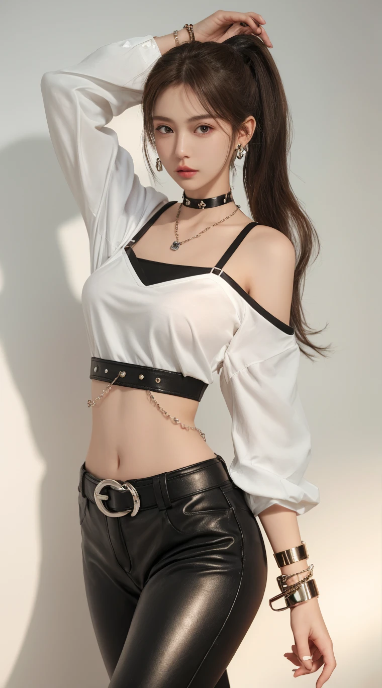 Realistic, realistic, warm tones, noise shift, 1 girl, upper body, straight, (looking at the audience), medium breasts, collarbone, black (front lace-up top), eye shadow, parted lips, (1_pureerosface_v1:0.3), slender waistline, bangs hairstyle, background, catwalk model, slim figure full body photo, leggings underneath, big breasts