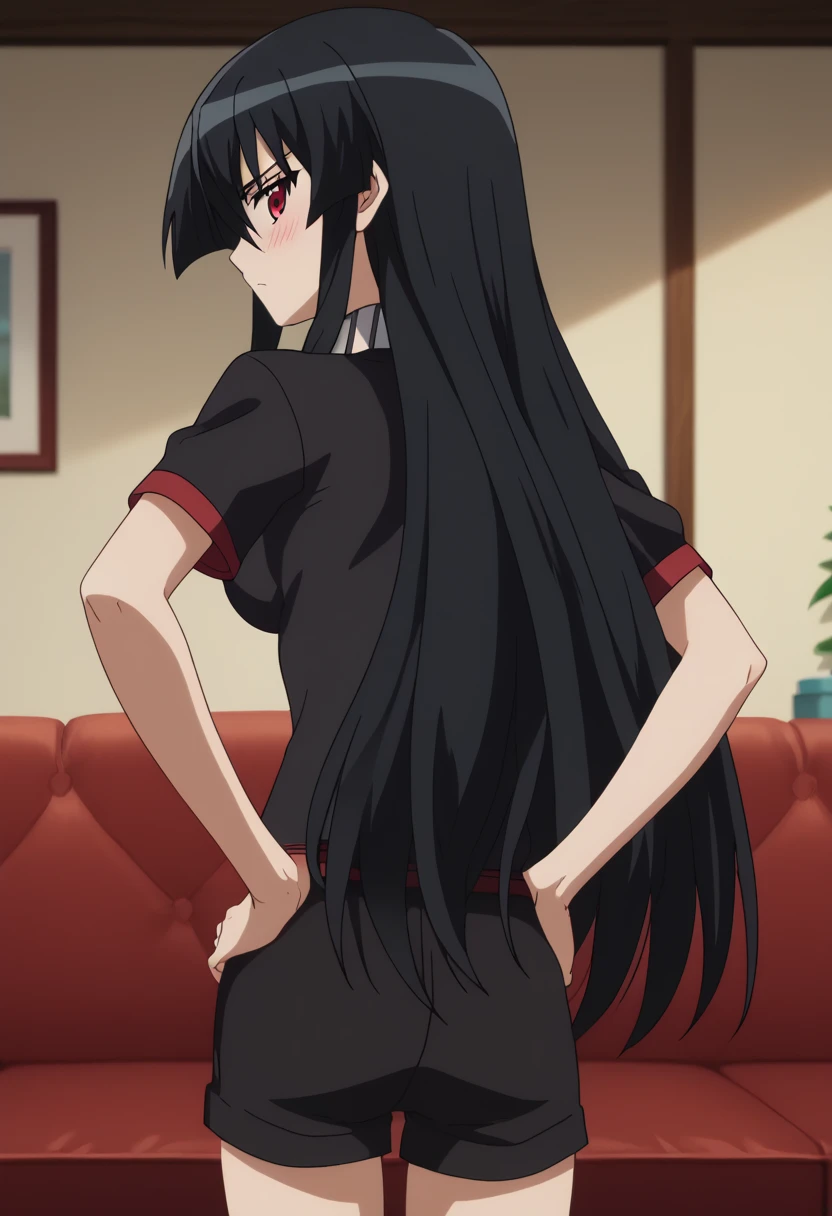 using pantimedies, wavy black hair, piercing look with deep red eyes, average stature, Waist length hair, Silky hair with a ponytail hairstyle collected with a red bow with two white lines, has a vagina, has breasts, cup of breasts, small breasts, slim, foreground, Session, sitting in her room, standing in his room, wearing pantyhose, using pantimedies, Picardias, neckline, looking at the viewer, lascivious smile, ((oversized t-shirt)), off the shoulders, without pants, washing machines, thighs, ((White T-shirt)), standing, hands on the hips,, shoes, blush, from below, thighs gorditos, thighs grandes, big ass