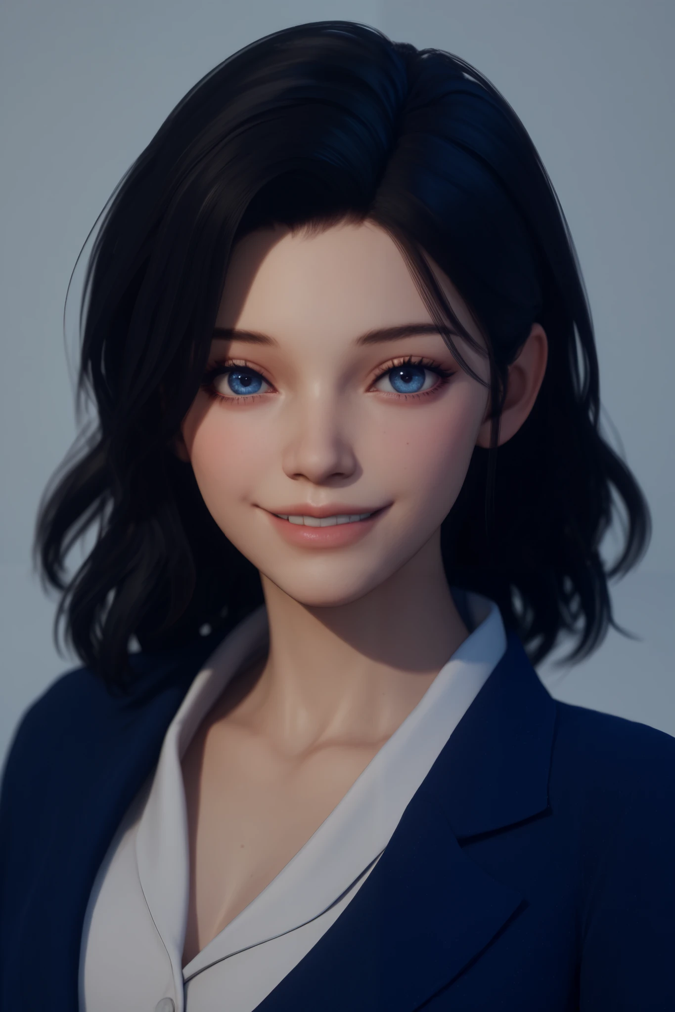 beautiful woman, black hair, blue eyes, anime 3d, smiling face view, gentle