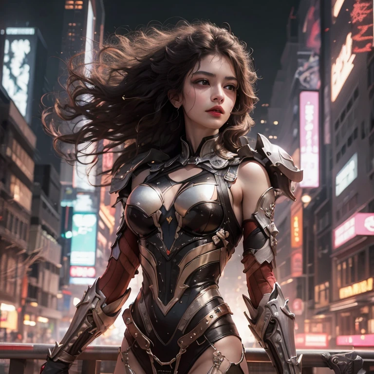 tmasterpiece，top-quality，Best quality at best，offcial art，（Beauty and aesthetics：1.2），（tmasterpiece：1.3）， （8K， realistically， RAW photos， Best quality at best： 1.4）， beauitful face， （photorealiscic face），超高分辨率， ultra real photo， The content is very detailed， the golden ratio， （with dynamism：1.3），（saturate：1.3），illusory engine， (high detal: 1.9)，（femele：1.4），（Large breasts），Half-human, half-machine，Mechanical wings，armor，destroyed city in background，Medium portrait，theatrical，（magia），（The city of the future：1.8）