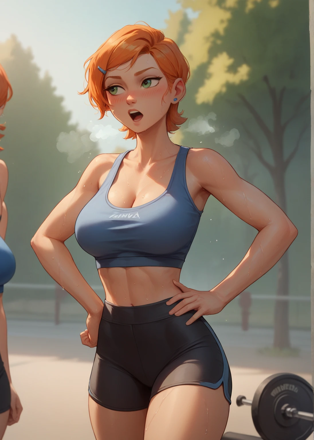(((1girl, 1woman, alone, solo))), ((gwendolyn_tennyson, big breasts, shaved side hair, fitness, short hair, wide hips, malicious)), ((pink lipstick, Extremely detailed, ambient soft lighting, 4k , perfect eyes, a perfect face, perfect lighting, a 1girl)) , ((fitness, muscular, shapely body, athletic body, toned body)), ((1woman, ((perfect and detailed face)), seductive look, (wearing a white croppet and beige sweatpants), belly showing, defined belly, thin waist, body perfect, thick thighs, standing dynamic pose, full view, masterpiece, best quality, (((one hand on her hip, one hand behind her head), rich in details)), (perfect hands), central park, lagoon, trees, sunny day, summer))