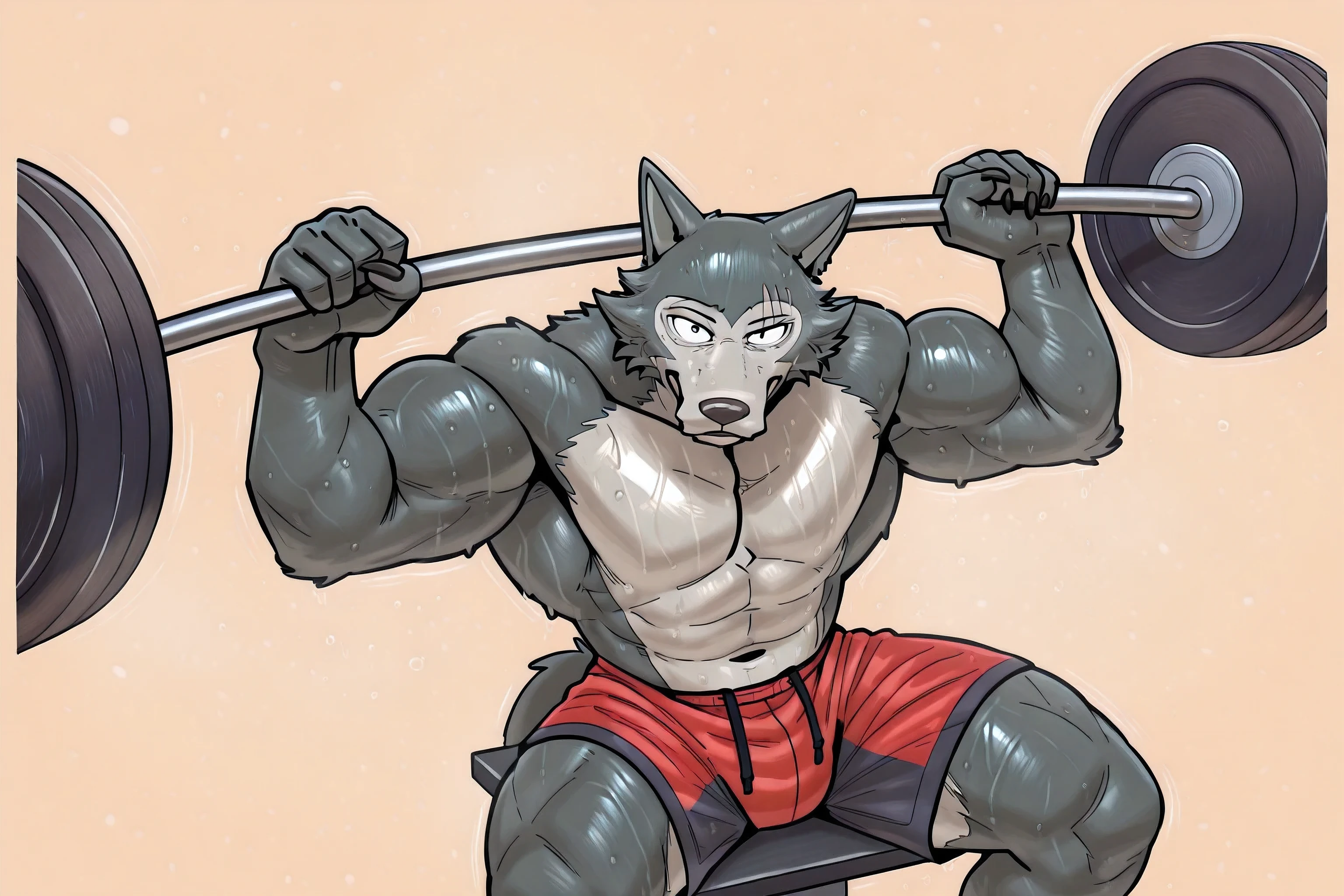 l3gosh1, beastars, male, solo, wolf, muscular, masculine, simple background, sweaty body, workout_bench, lifting a barbell up, working out, lifting weights, shorts, looking at viewer