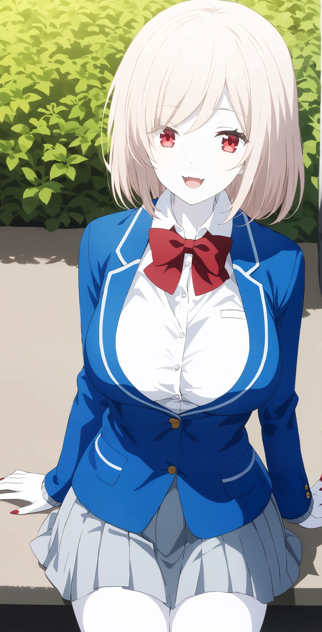 score_9, score_8_ up, score_7_ up, source_Anime, high definition ,
Anna, 1 girl in the best, Alone, school uniform , red eyes, jacket , shirt, bow, white shirt, blue jacket , collared shirt, blazer, red bow, medium hair , bowtie, bangs, Pure white hair, skirt , upper body, pure white and pale skin,Fangs are growing
outdoors, smile,全身 pure white and pale skin, pure white hair,Red nails,Sharp claws,Slightly Big Breasts ,vampire,vampire化小早川杏奈