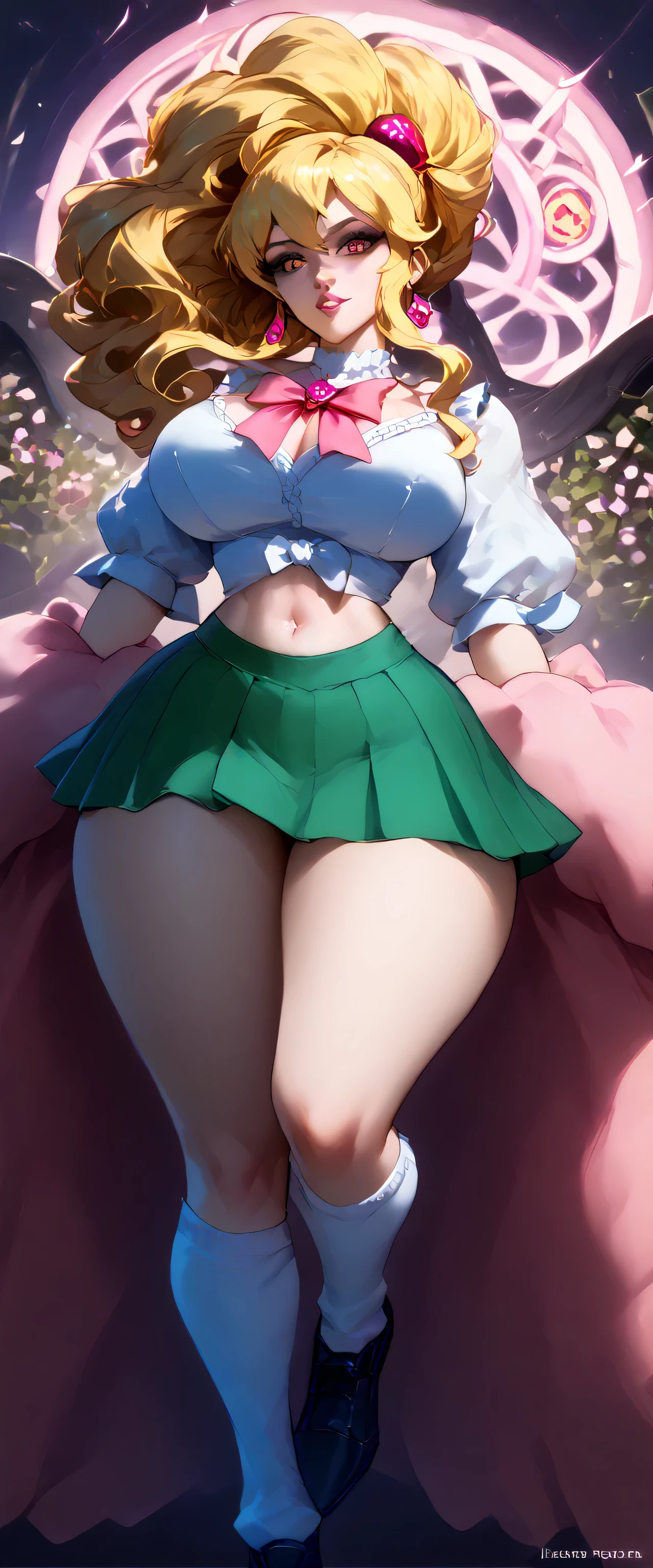 A tall beautiful beautiful girl popular Bella tenderness sexy sexy curly yellow hair long back yellow a pink ribbon tied in front of the hair her colorful eye bright lip Rosa wears white blouse tied knot shows sexy wide curved navel and a circular green skirt wearing white socks a black sneaker