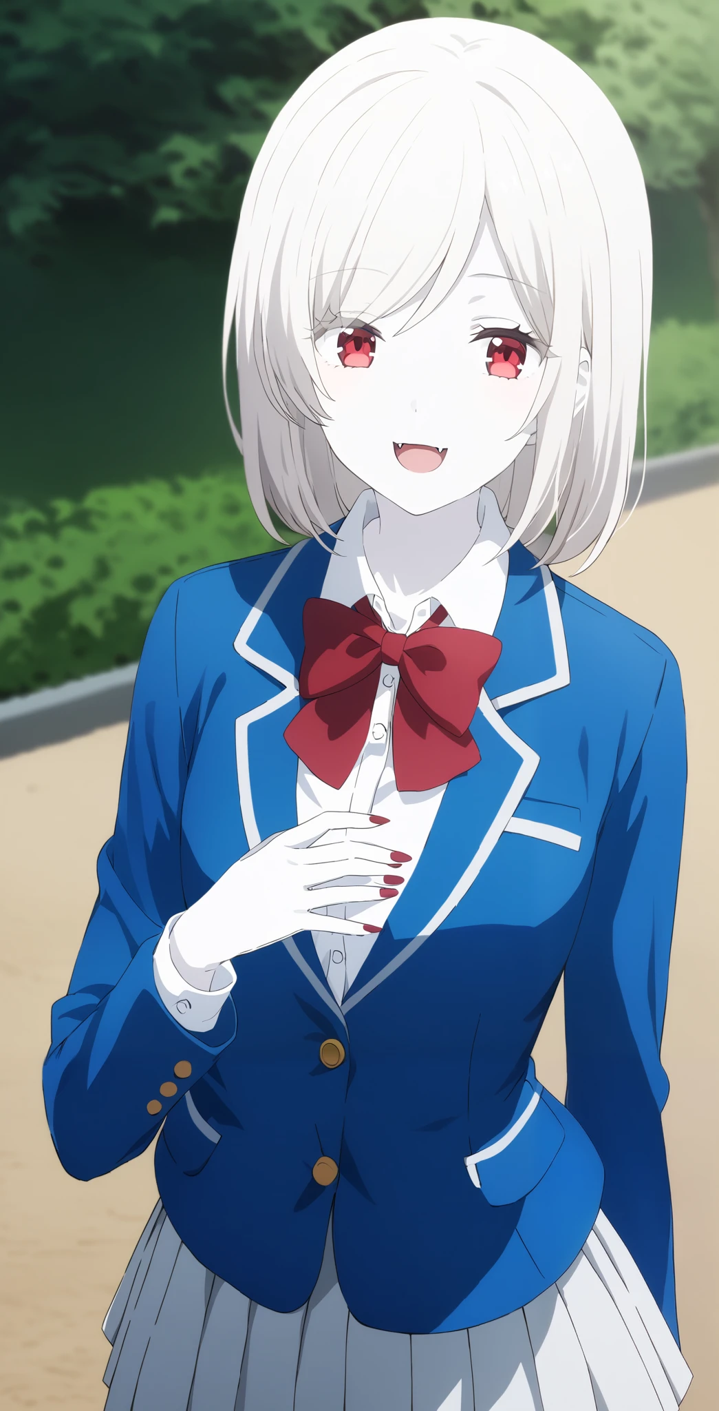 score_9, score_8_ up, score_7_ up, source_Anime, high definition ,
Anna, 1 girl in the best, Alone, school uniform , red eyes, jacket , shirt, bow, white shirt, blue jacket , collared shirt, blazer, red bow, medium hair , bowtie, bangs, Pure white hair, skirt , upper body, pure white and pale skin,I have sharp fangs
outdoors, smile,全身 pure white and pale skin, pure white hair,Red nails,Sharp claws,,vampire,vampire化小早川杏奈