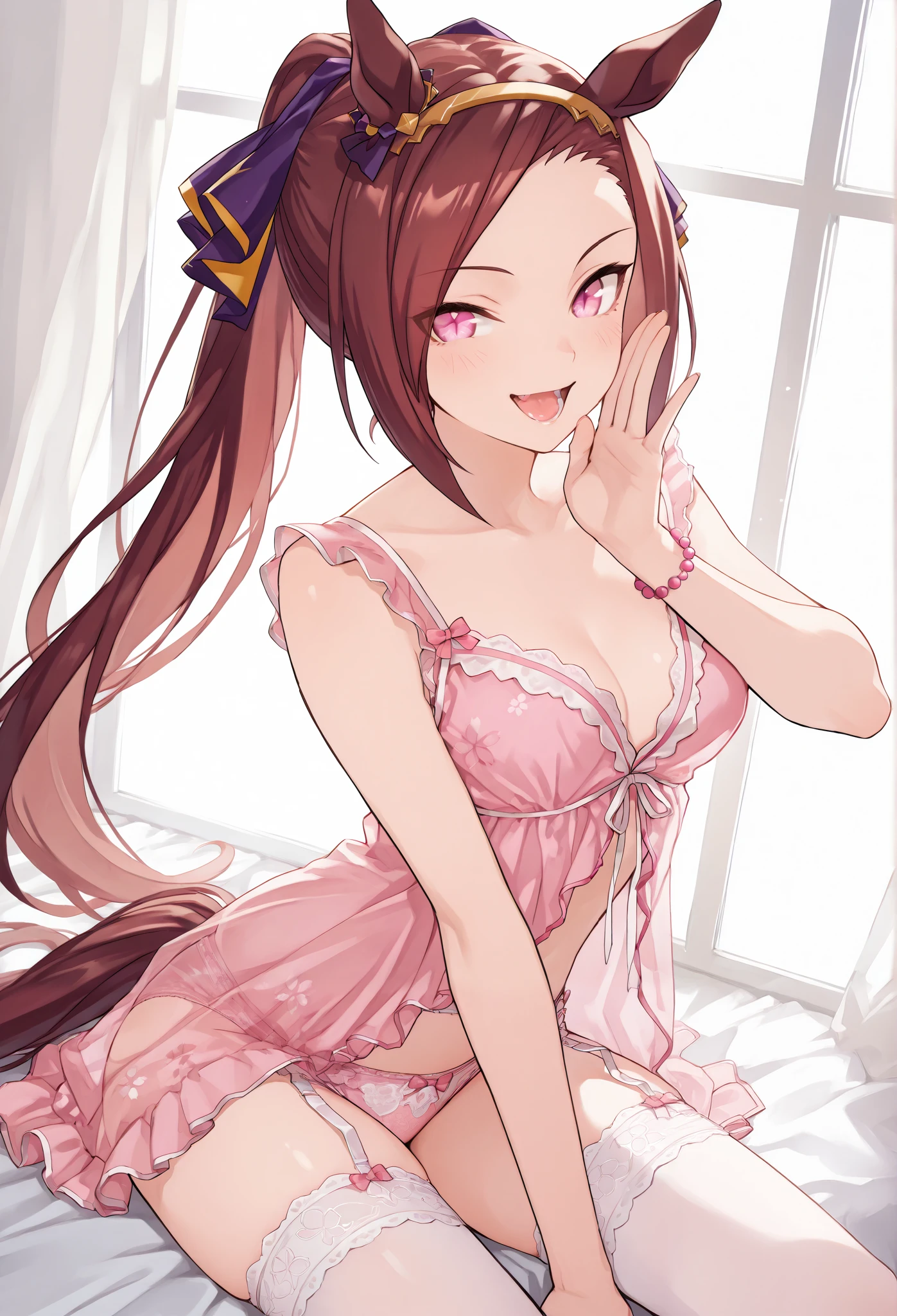 {{{Masterpiece}}}, {{{ best quality }}}, {{ More details}}, {illustration}, {{ very delicate and beautiful }}, detailed skin, detailed eyes {{{Uma Musume}}},{{{Sakura Bakushin O:1.7}}},{Sheer cherry blossom pattern open front doll},{ pink lace panties},{ white lace stockings },{white lace garter},{( naughty face} {{{ ahe face :1.7}}},},{{{Prostitute:1.6}}} maroon hair in the garden,Right Ear Ornament , ponytail,{{{cherry blossom pattern eyes }}},{{{Put your hand on your mouth and whisper:1.7}}},{Open your mouth and speak }