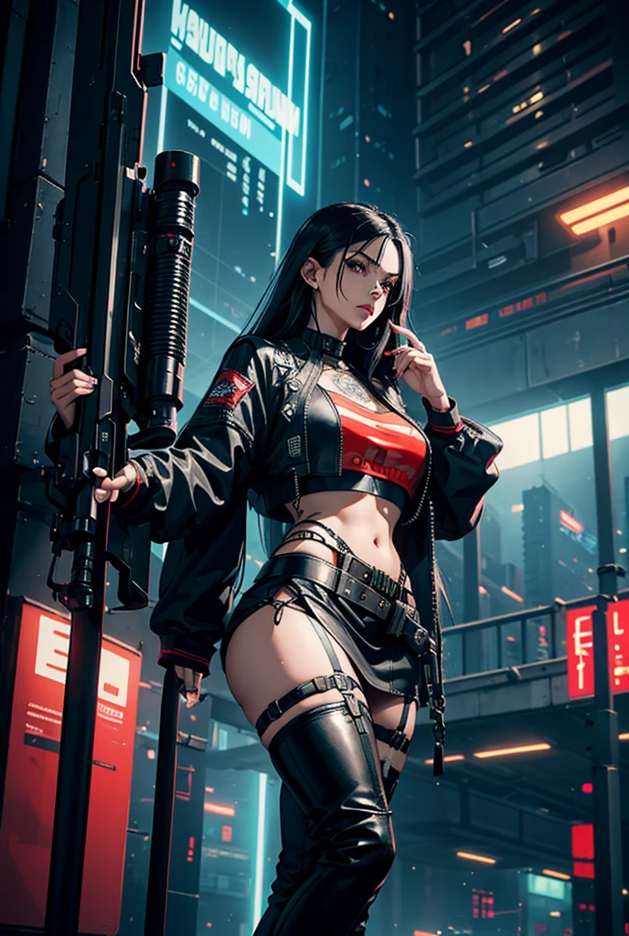 there is a woman with small breasts and massive hips in a corset and a black and white outfit, with Fishnet on breasts, humble outfit, wearing techwear and armor, cyberpunk outfit, wearing japanese techwear, intriguing outfit, all black cyberpunk clothes, cyberpunk style outfit, female cyberpunk anime girl, cyberpunk streetwear, cyberpunk dress, anime girl cosplay, photograph of a techwear woman, cyberpunk anime girl, wearing cyberpunk streetwear, maid outfit
