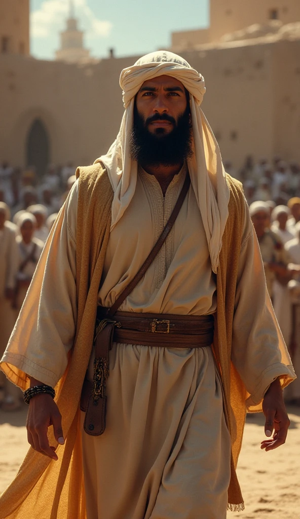 wearing: white woolen cloak, red striped shawls of Qatari origin wrapped around his shoulders, headgear of fine cloth, wearing a yellow loincloth, covering his shoulders with a flowery black shawl, face not seen bacause of sunlight, lifting 900kg door of khyber with one hand, several enemy soliders scared, at war