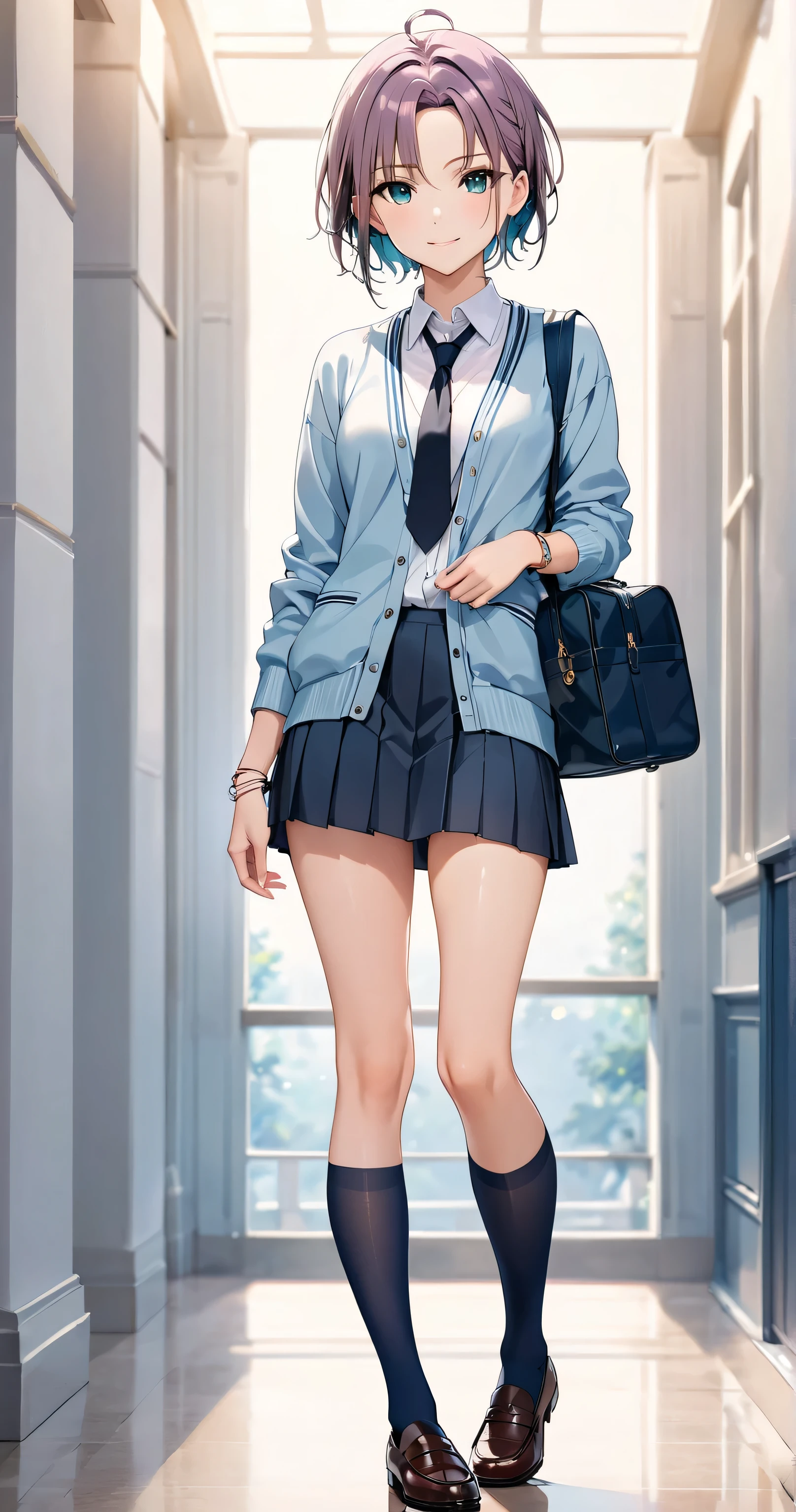 This portrait is drawn in a with full body and front view.
She has a well-balanced body with 8 heads.
She is beautiful.
t_asakura,
aqua eyes, school bag, bracelet,
light purple hair, neat short hair, ahoge, Shiny Hair, multicolored hair, parted bangs, light smile, looking at viewer,
a beautiful girl, school uniform, (soft light-gray blazer), (soft light-gray school skirt), over a (light blue cardigan), (white dress shirt), (simple black tie) loosely tied. (Navy blue calf socks), loafers,
((masterpiece)),(((Highest quality))),Thin thighs,Long legs, The best smile:1.5,Full Body Shot:1.5,masterpiece, Highest quality, 1Girl,