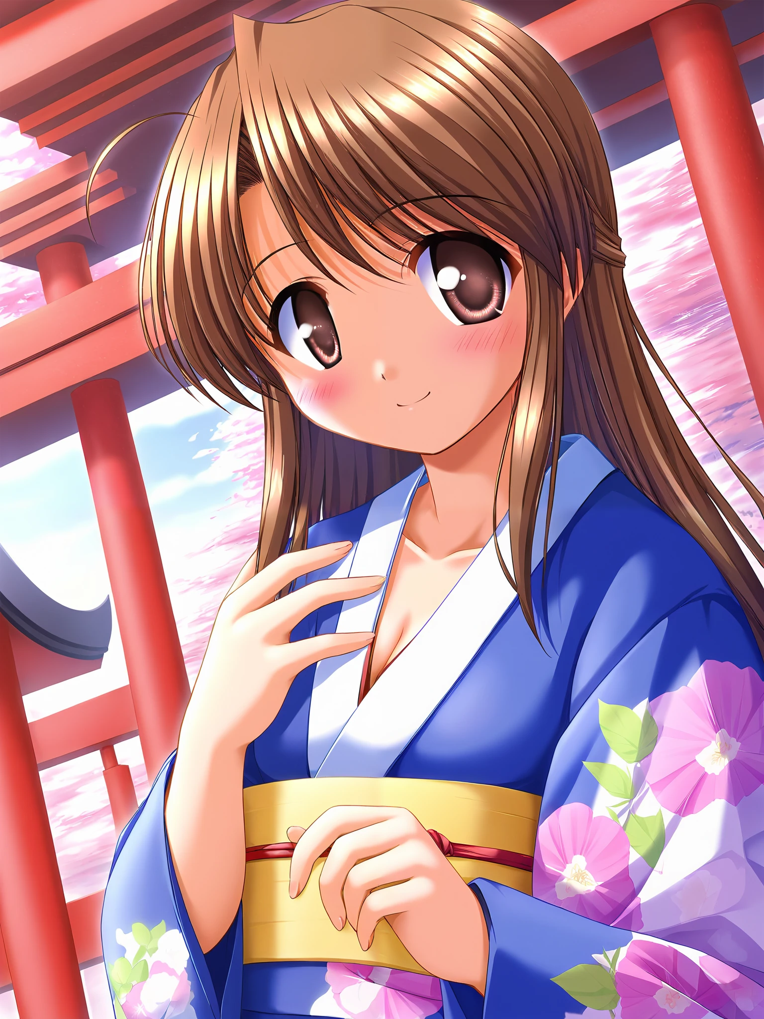 Honami Fujieda, Alone, (cowboy shot), brown eyes, yellow eyes, brown hair , stupid hair, bangs, Side Lock, long hair, hair bang, single hair bang, small breasts, (Cute Japanese clothes), ( cute pose), ( shy), (blush:1.2), cleavage, (bright smile:1.2), (shrine), (morning), score_9, score_8_superior, score_7_superior, source_anime, (best quality:1.2), 細部までこだわったanime, high quality , full color, 8k, high resolution