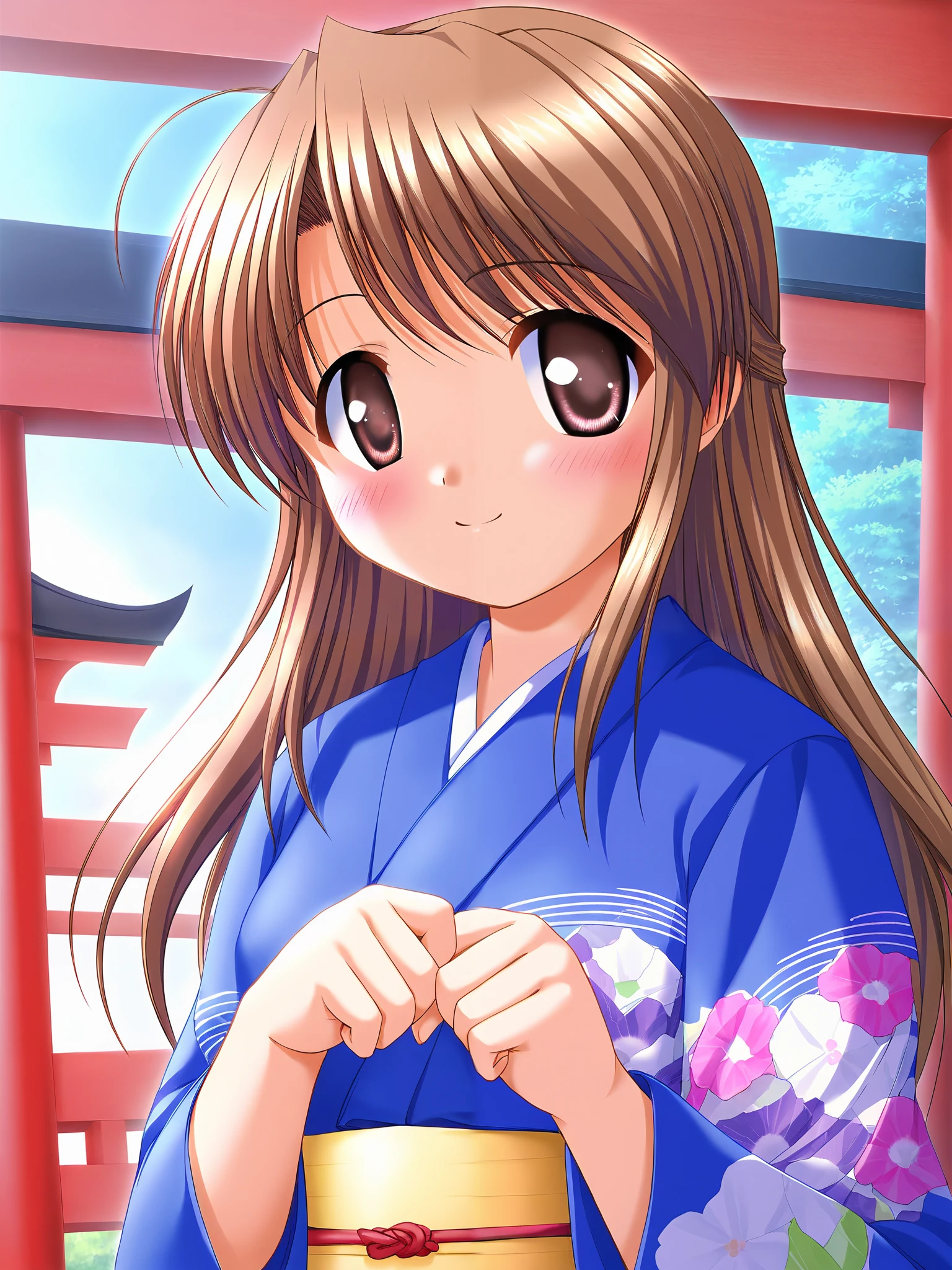 Honami Fujieda, Alone, brown eyes, yellow eyes, brown hair , stupid hair, bangs, Side Lock, long hair, hair bang, single hair bang, small breasts, (Cute Japanese clothes), ( cute pose), ( shy), (blush:1.2), cleavage, (bright smile:1.2), (shrine), (morning), score_9, score_8_superior, score_7_superior, source_anime, (best quality:1.2), 細部までこだわったanime, high quality , full color, 8k, high resolution