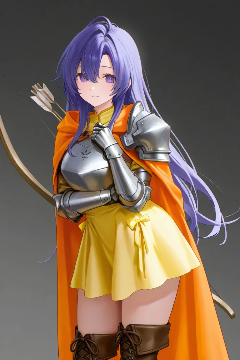 Blue Hair、 long hair、 purple hair、 yellow dress、Orange Cape、 leather boots、 iron breastplate、Iron Shoulder Armor、Bow and Arrow