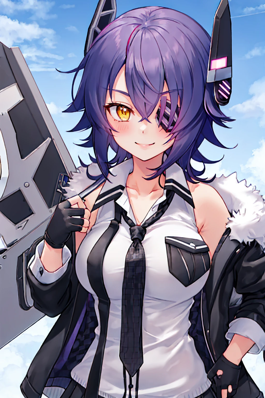 best quality, masterpiece, solo, {tenryuu_kantaicollection:1.15}, _girl, eyepatch, short_hair, purple_hair, yellow_eyes, headgear, breasts, necktie, large_breasts, smile, 1girl, blush, checkered_necktie, hair_over_one_eye, shirt, collared_shirt, white_shirt, jacket, sleeveless, brown_eyes, fur-trimmed_jacket, fur_trim, collarbone, looking_at_viewer, pocket, breast_pocket, ,, messy_hair, black_gloves, gloves, partially_fingerless_gloves,harbor_road_landscape_background,outdoor,short_skirt,thigh-highs,boots,sunlight,from_below,solo
