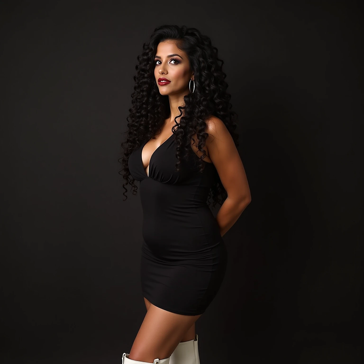 A beautiful and amazing black Brazilian woman,portrait de corps entier, assis sur une chaise, gros seins, Boucles gratuites, nez parfait, black curly hair, (dark and long curly hair), Long curly wild black hair, cheveux multiversaux, Brazilian, court, black curly hair, black curly hair, Boucles, wavy hair spread out, Boucles baroques, Boucles, Curly, curly hair, Texture des cheveux, Curly bang, fleshy lips , espanique