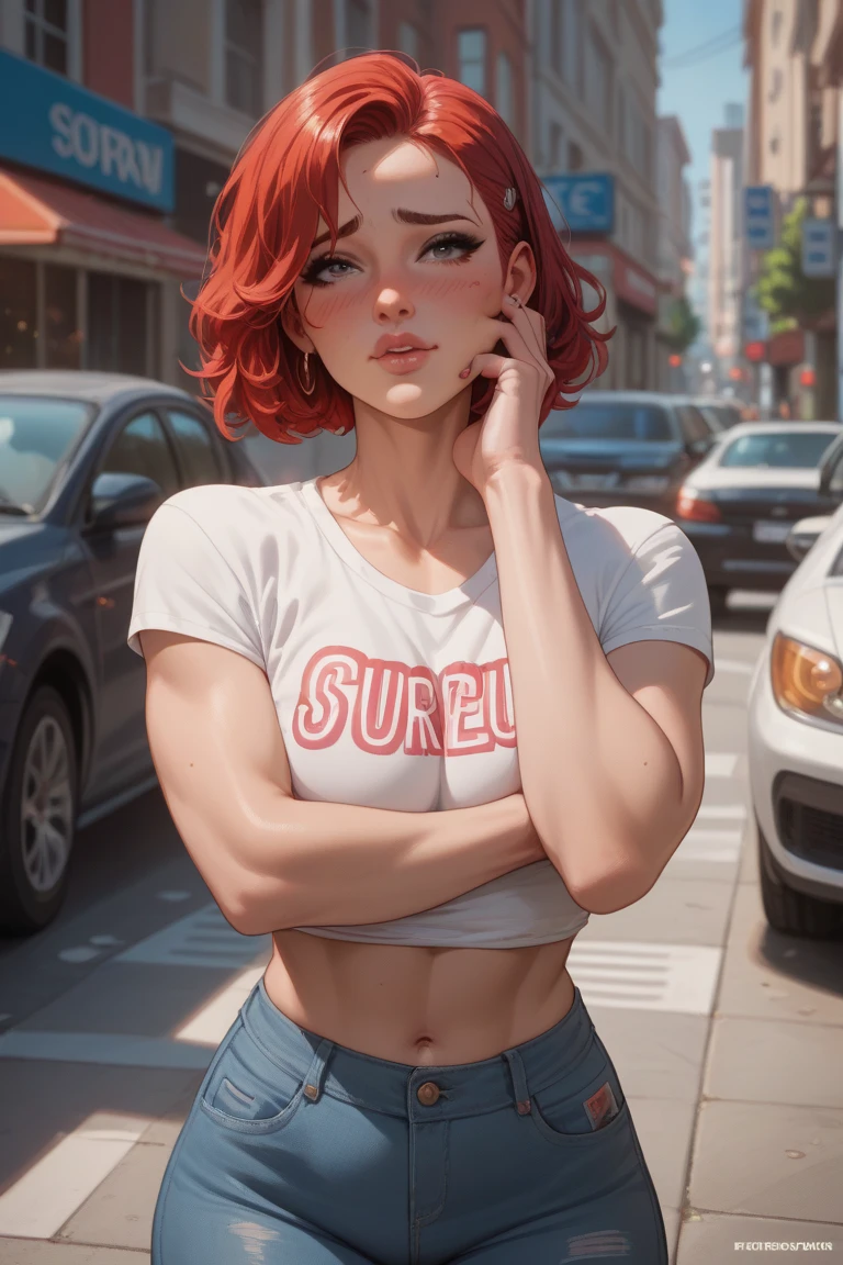 May Lee, Red hair, Tilt your head, cowboy shot, pink regatta ((short roxo)), marking, May Lee, 1 girl, standing alone, standing, view from below, gazing at viewer, all-body, pose, best quality, no flaws