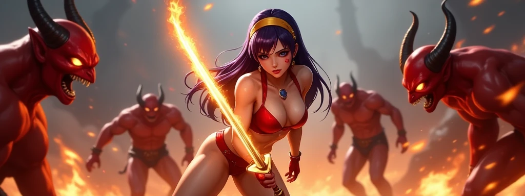 masterpiece,best quality, extremely detailed,8k. Blaze Fielding holding a short knife in her hand, wearing white panties, solo, surprise face, looking down, big breasts, strong, hoops earrings, looking at viewer, smile, long lustrous hair, brown hair, light make up, gloves, navel, cleavage, brown eyes, large breasts, wearing tight red top, salient underboob, broken jacket armor, tight short red skirt black fingerless gloves,holding short knife, at a fantasy dungeon alone with tentacles crawling up her leg.